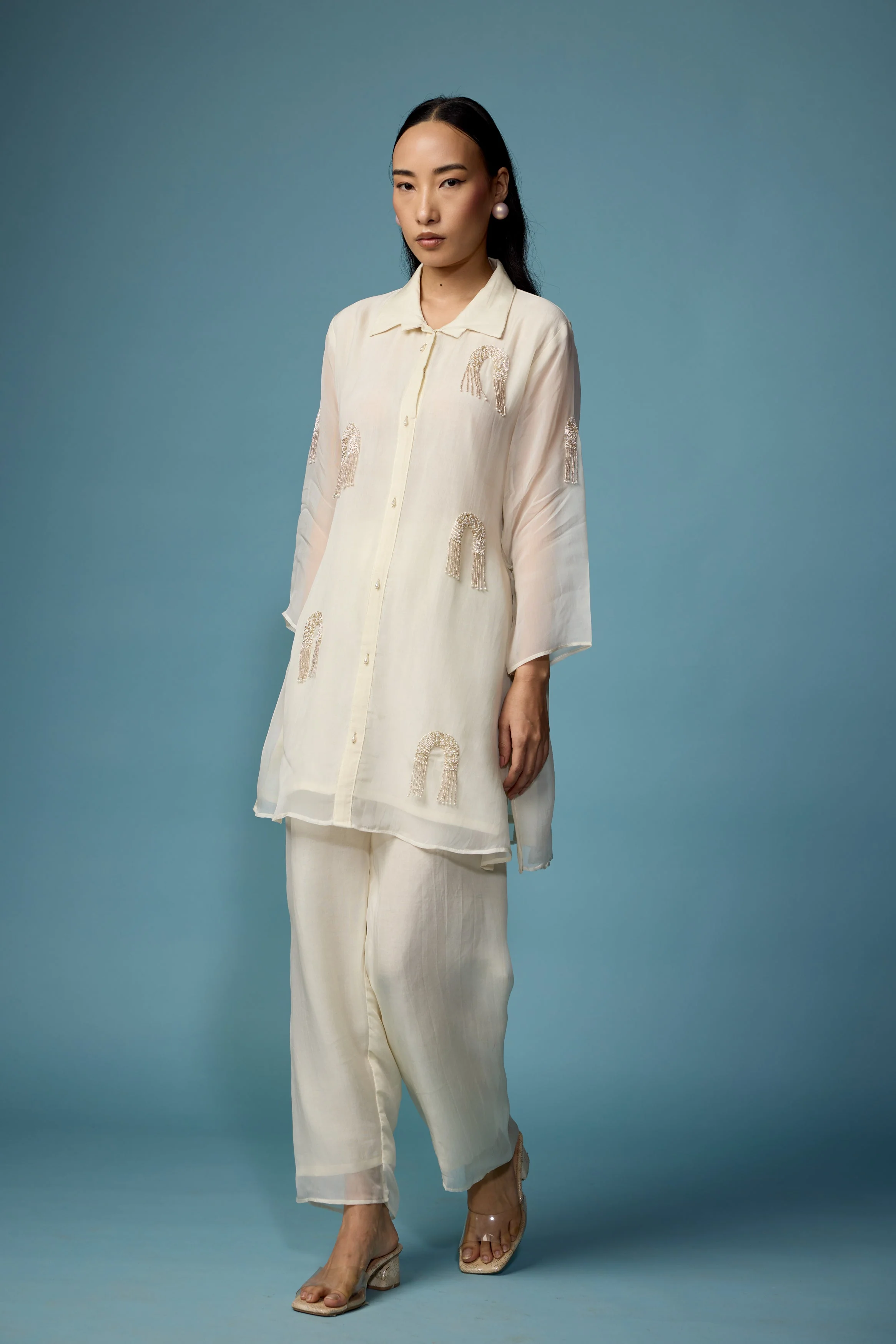 Pearl White Embellished Soft Organza Silk Co-Ord Set - Image 4