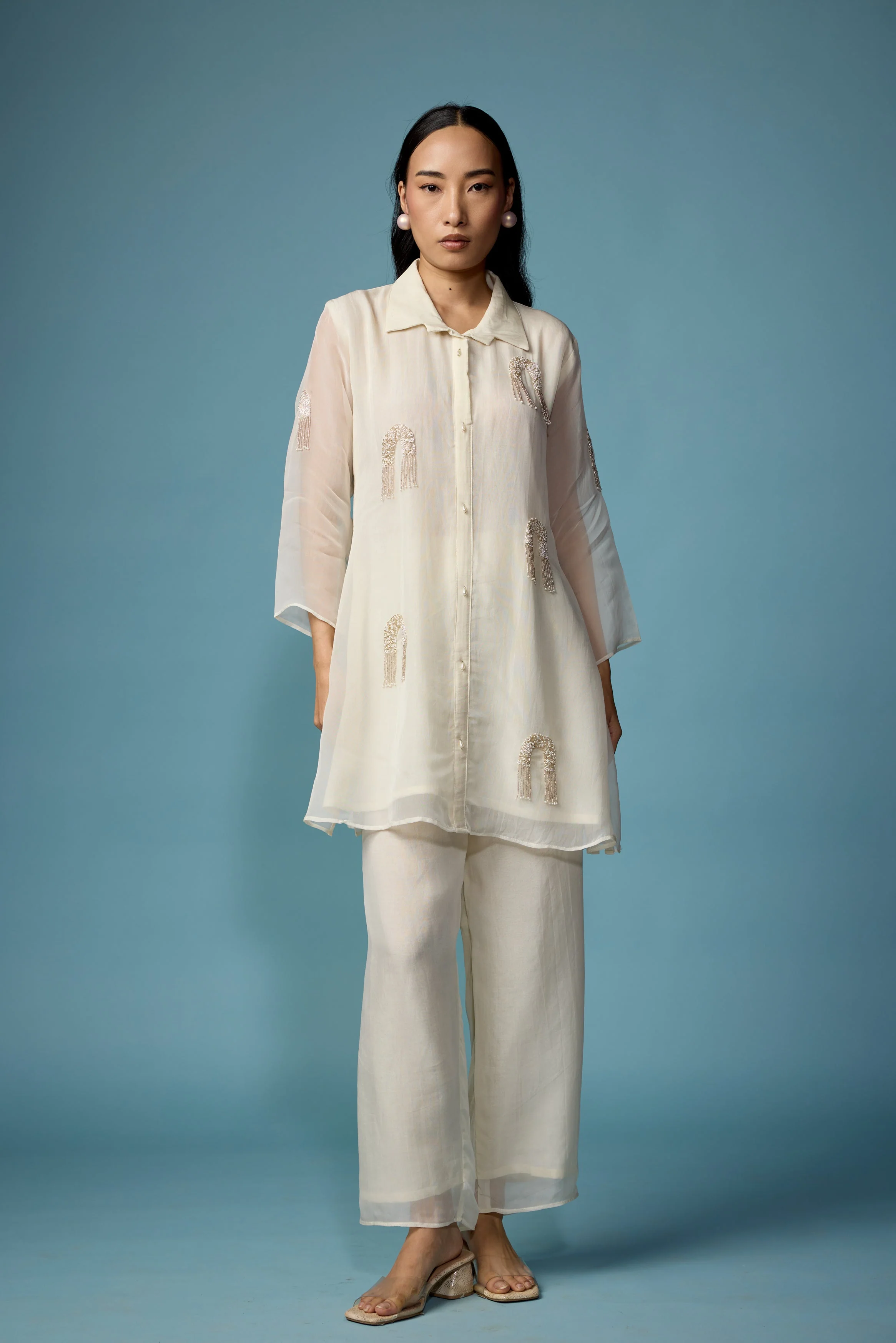 Pearl White Embellished Soft Organza Silk Co-Ord Set - Image 5