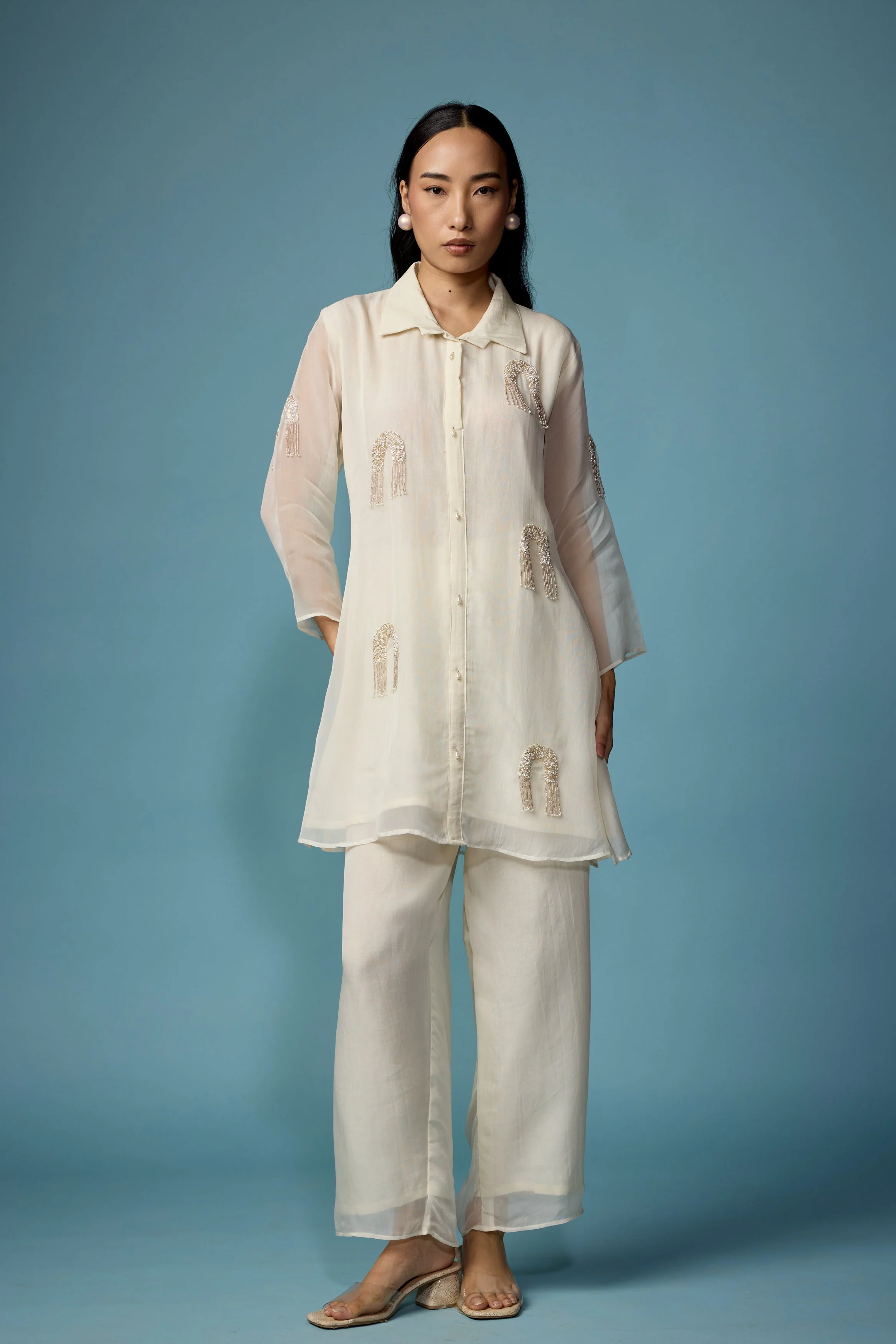 Pearl White Embellished Soft Organza Silk Co-Ord Set - Image 6