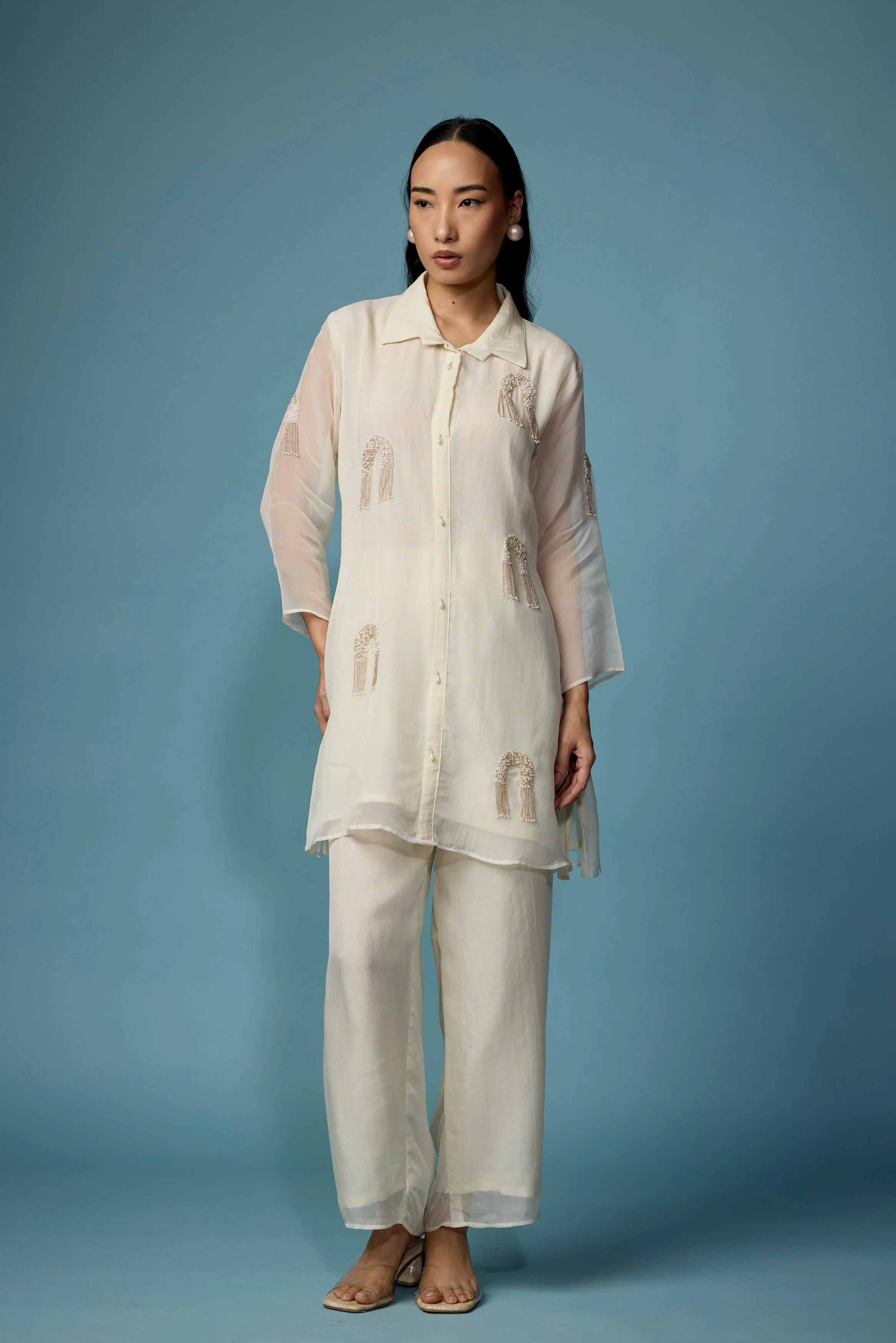 Pearl White Embellished Soft Organza Silk Co-Ord Set - Image 7