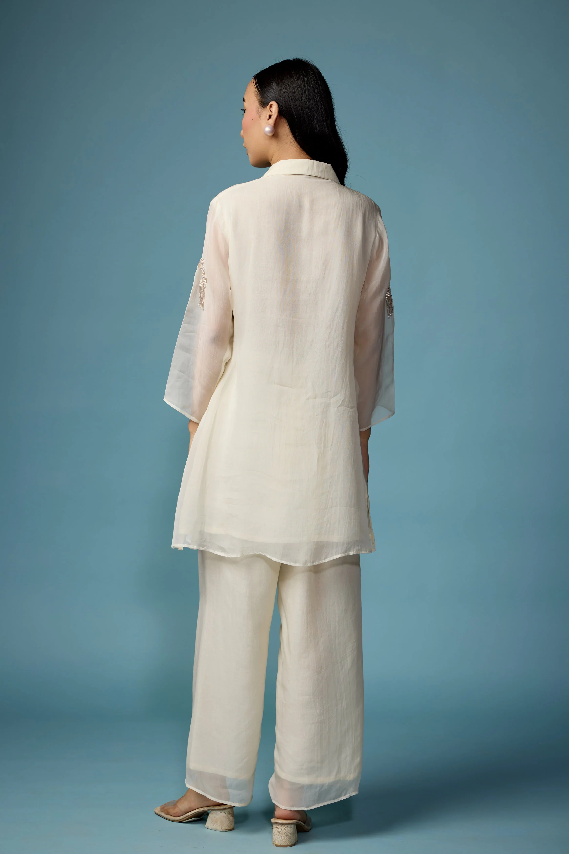 Pearl White Embellished Soft Organza Silk Co-Ord Set - Image 8