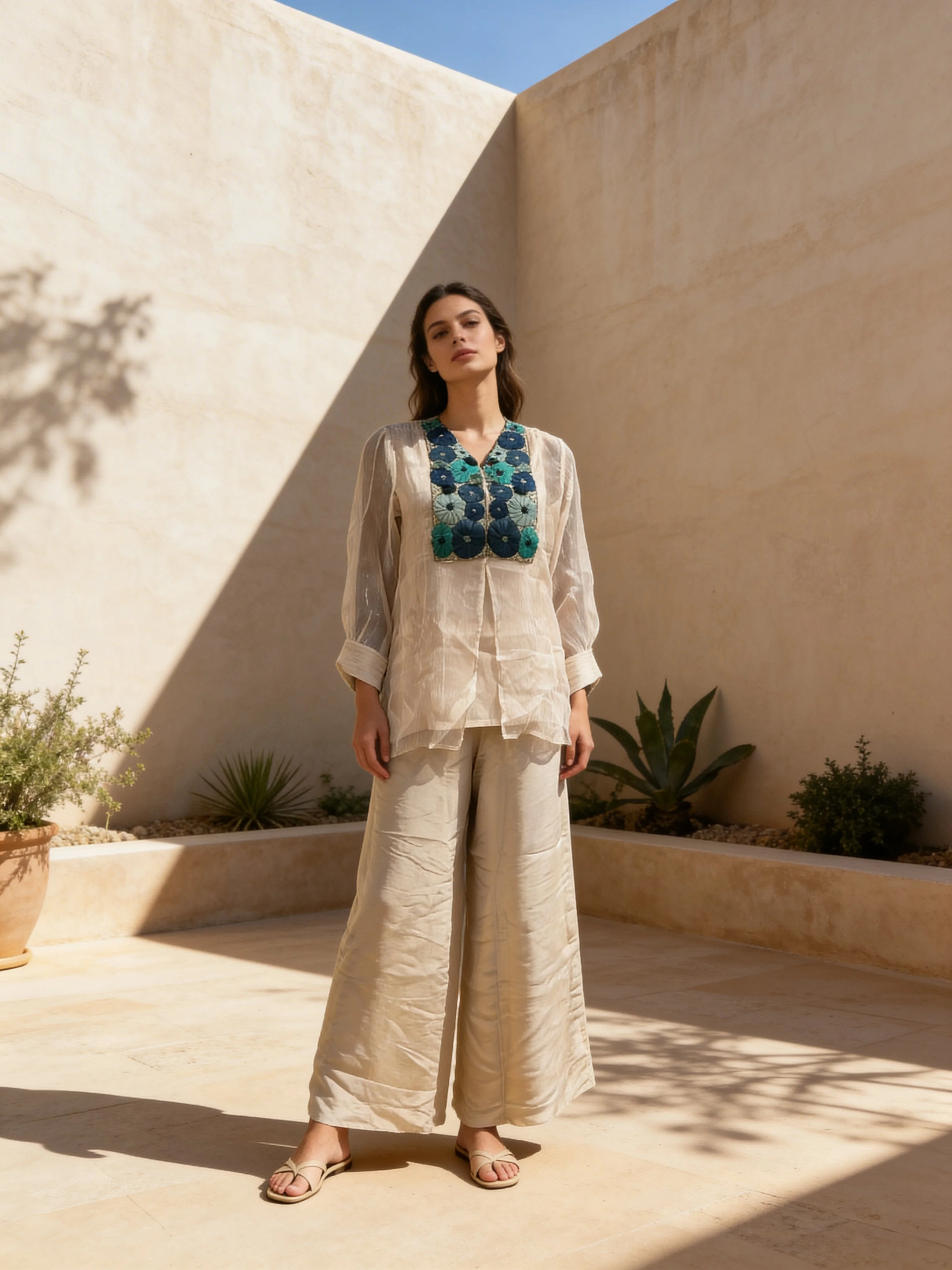 Pearl White Embroidered Shimmer Organza Silk Co-Ord Set