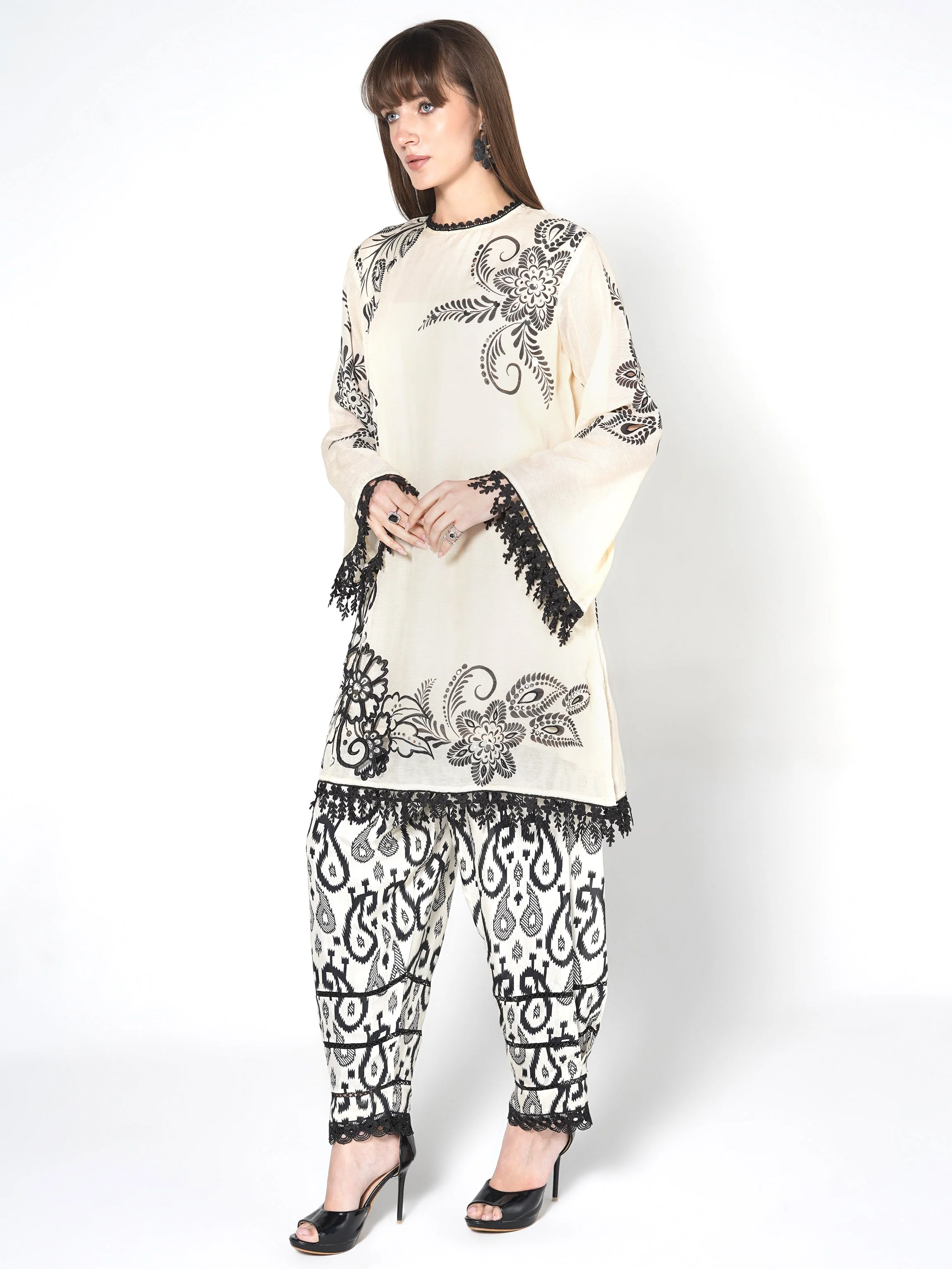 Pearl White Printed Linen Silk Co-Ord Set - Image 3