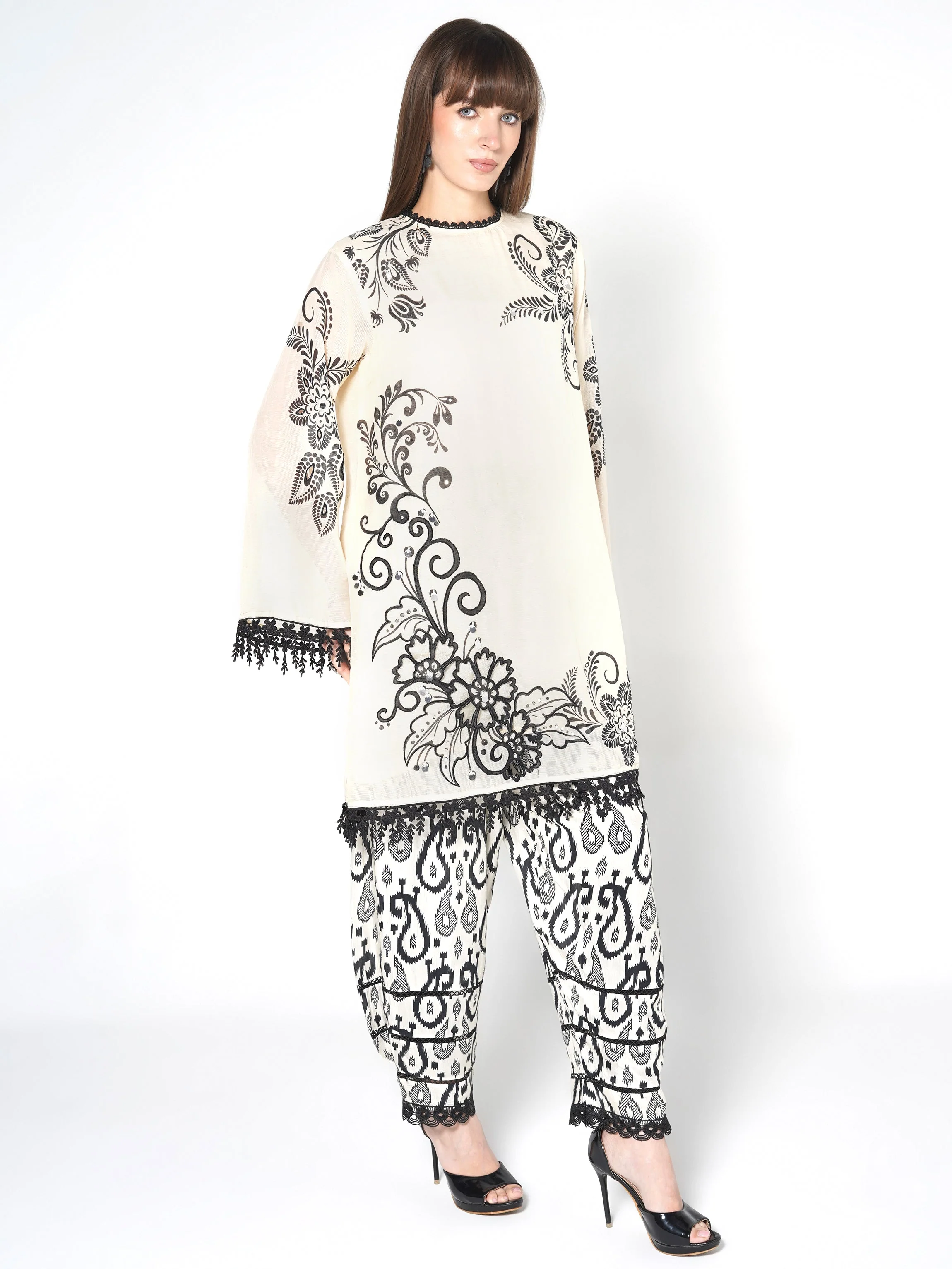 Pearl White Printed Linen Silk Co-Ord Set - Image 5