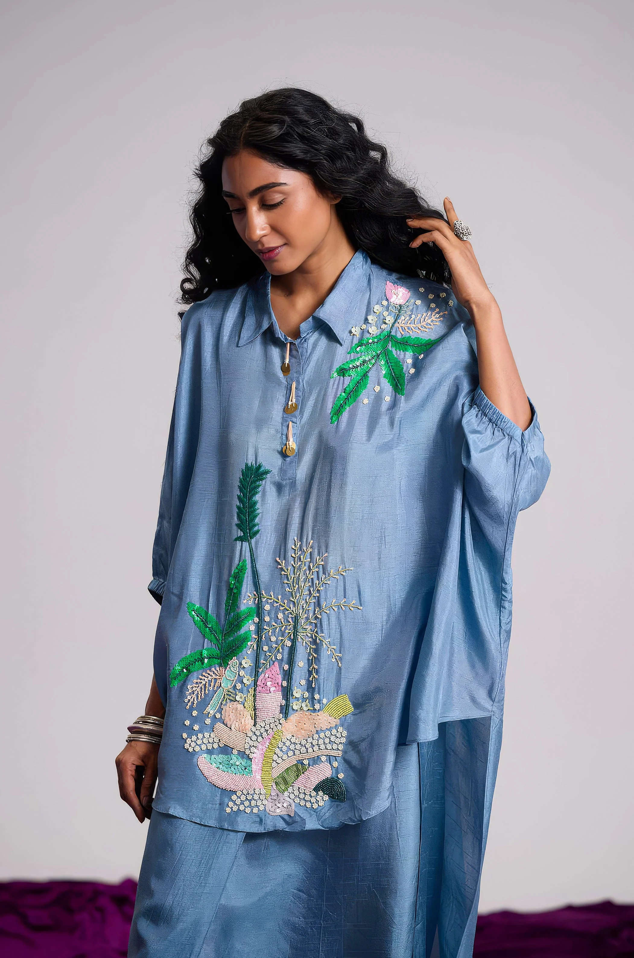 Dusty Blue Embellished Raw Silk Dhoti Set - Image 3