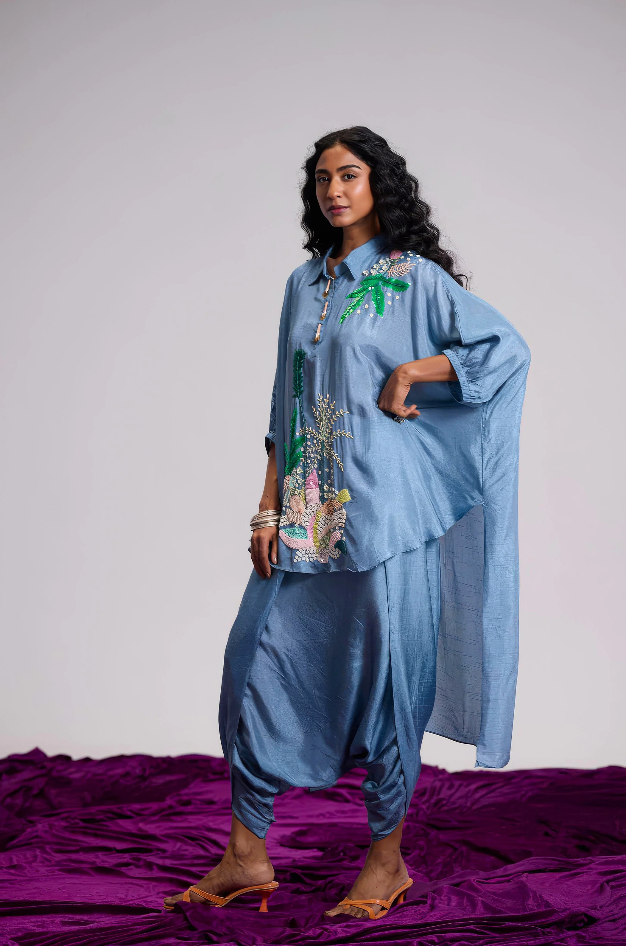 Dusty Blue Embellished Raw Silk Dhoti Set - Image 4