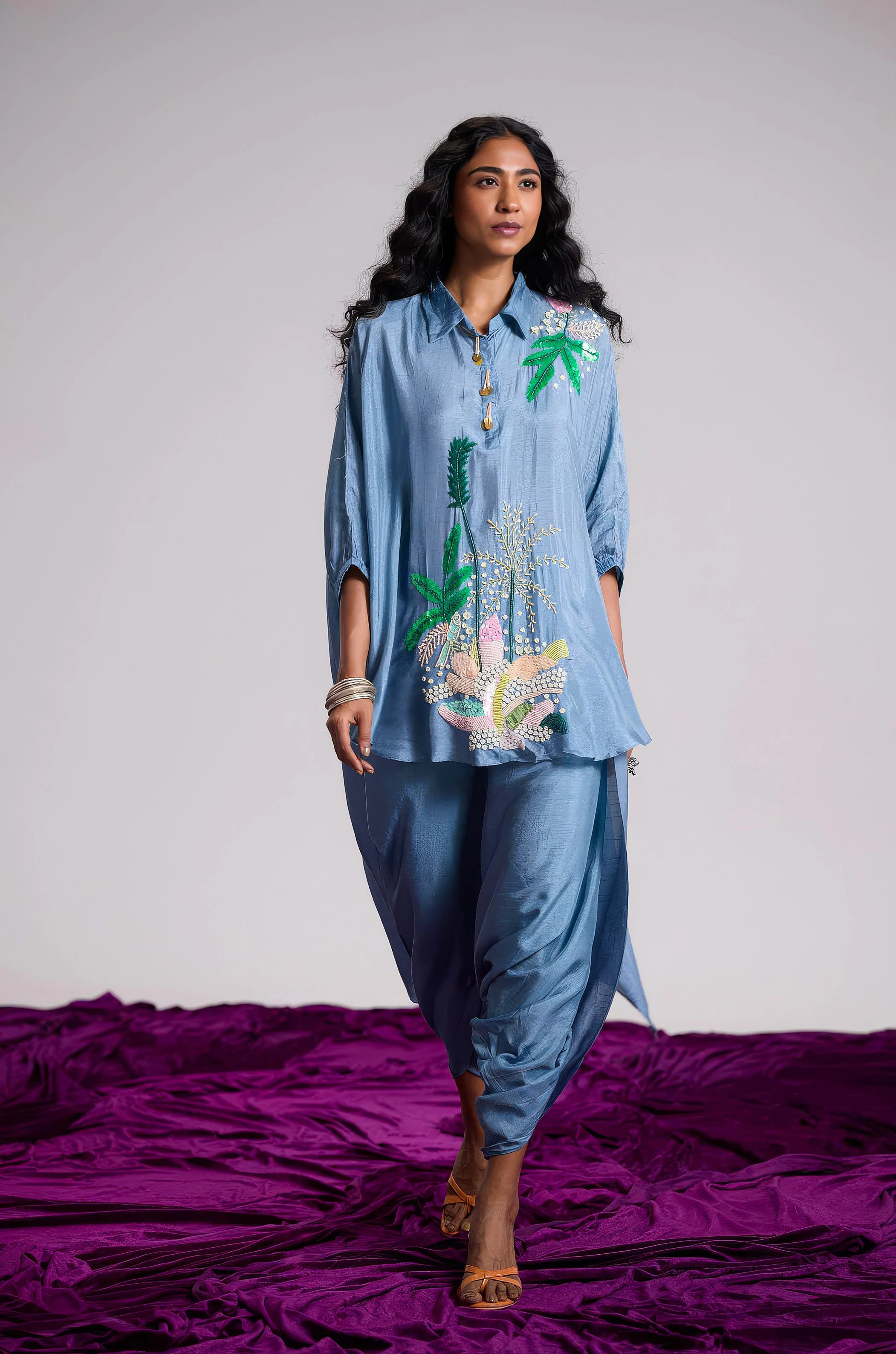 Dusty Blue Embellished Raw Silk Dhoti Set - Image 5