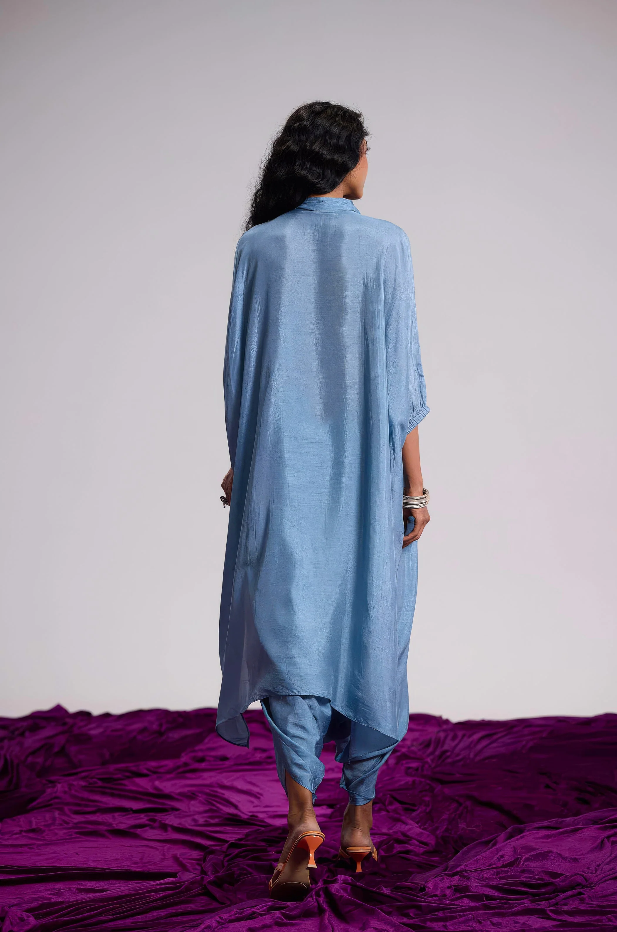 Dusty Blue Embellished Raw Silk Dhoti Set - Image 6