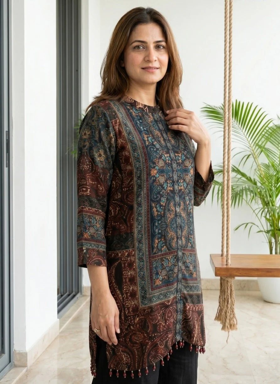 Brown Mosaic Printed Crepe Silk Co-Ord Set - Image 2