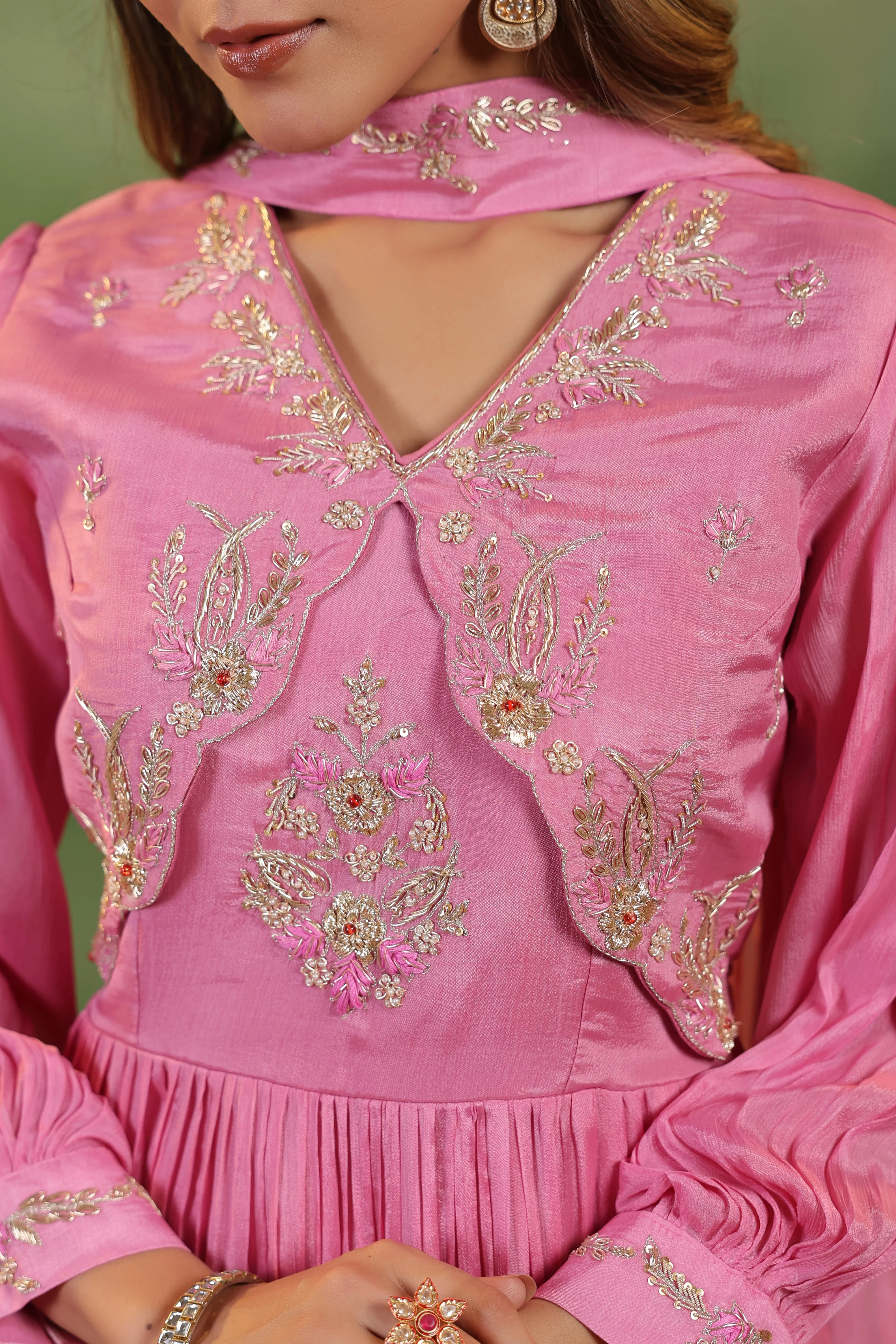 Petal Pink Embellished Chinon Silk Gown Set - Image 2