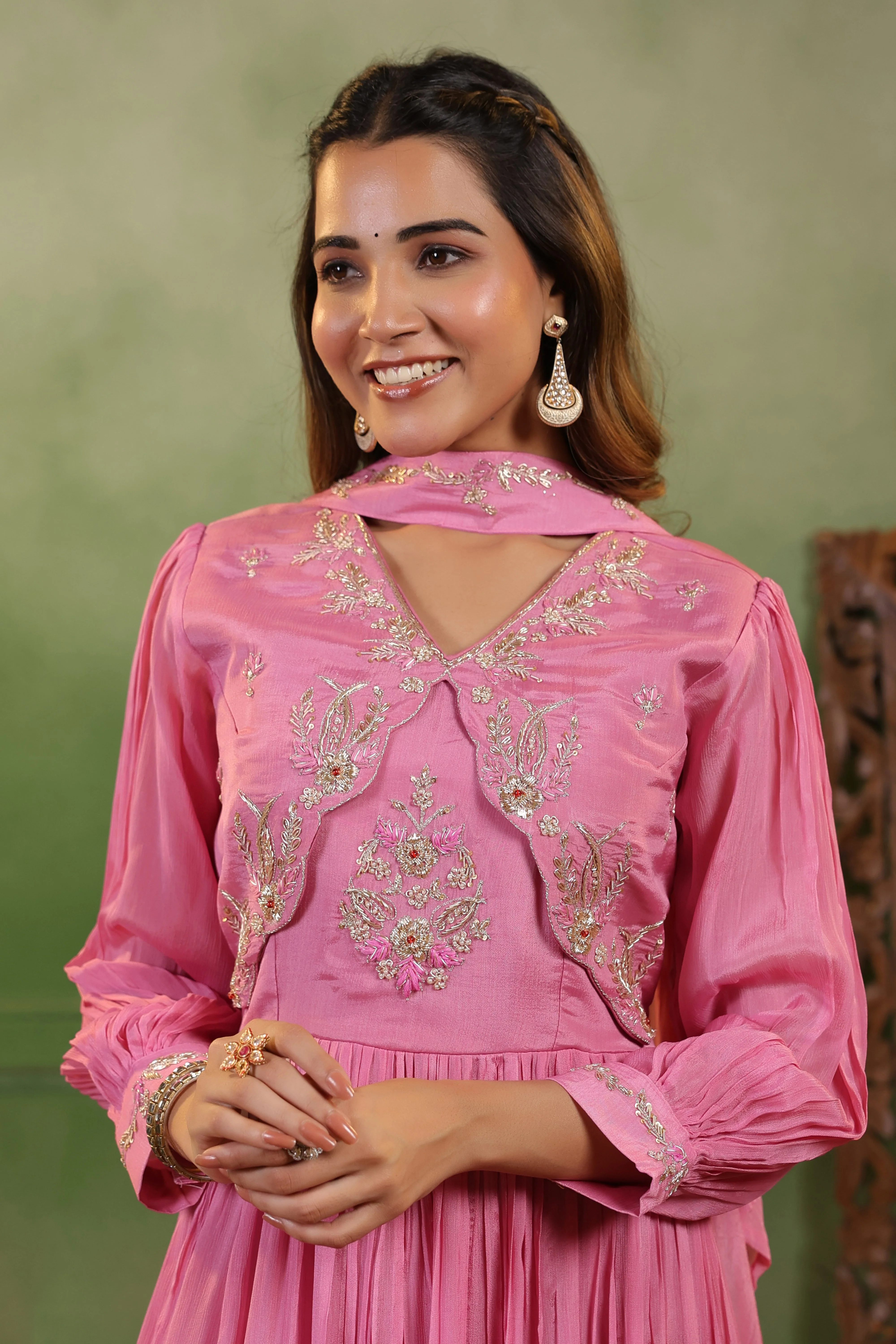 Petal Pink Embellished Chinon Silk Gown Set - Image 3