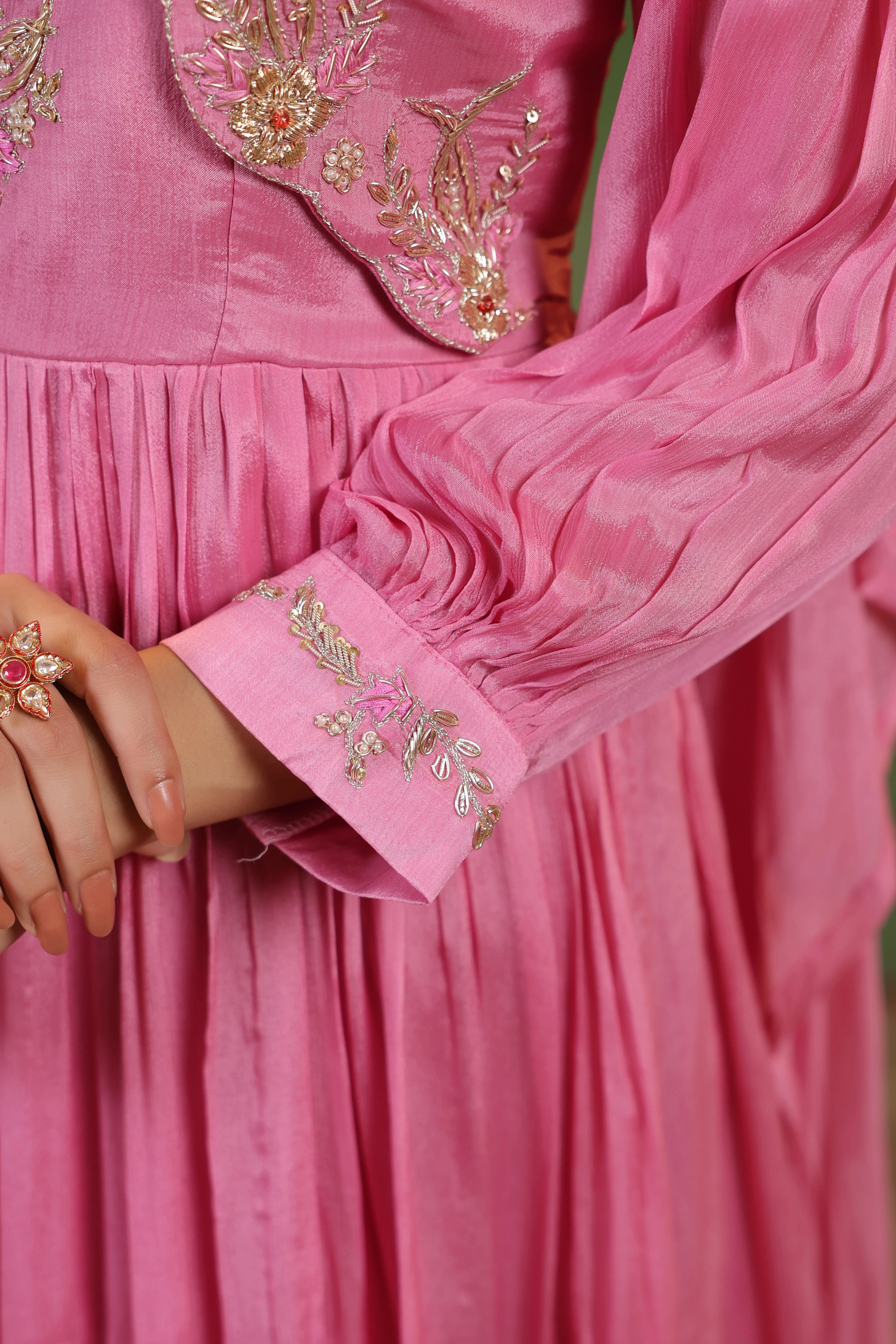 Petal Pink Embellished Chinon Silk Gown Set - Image 4