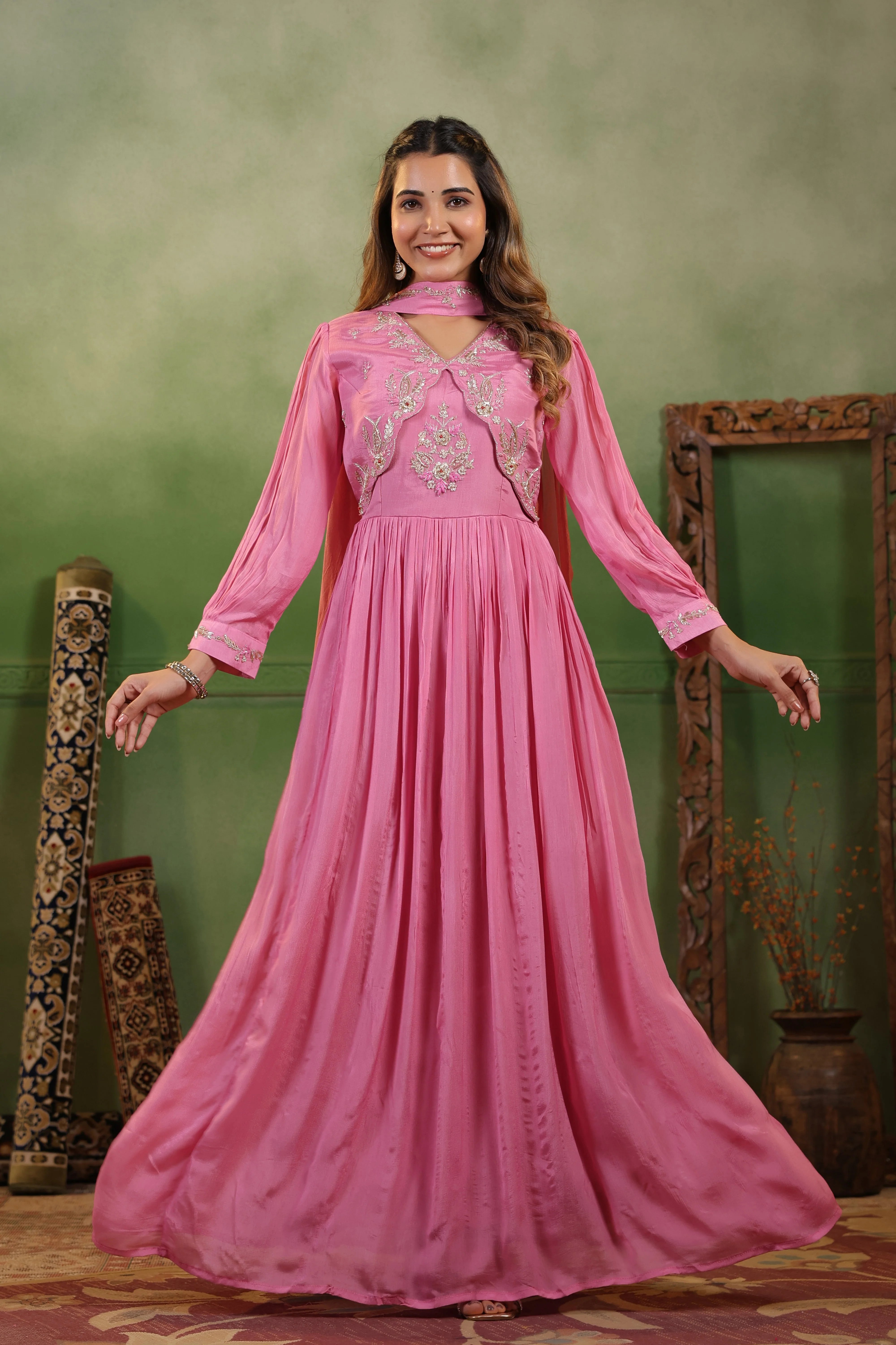 Petal Pink Embellished Chinon Silk Gown Set - Image 5