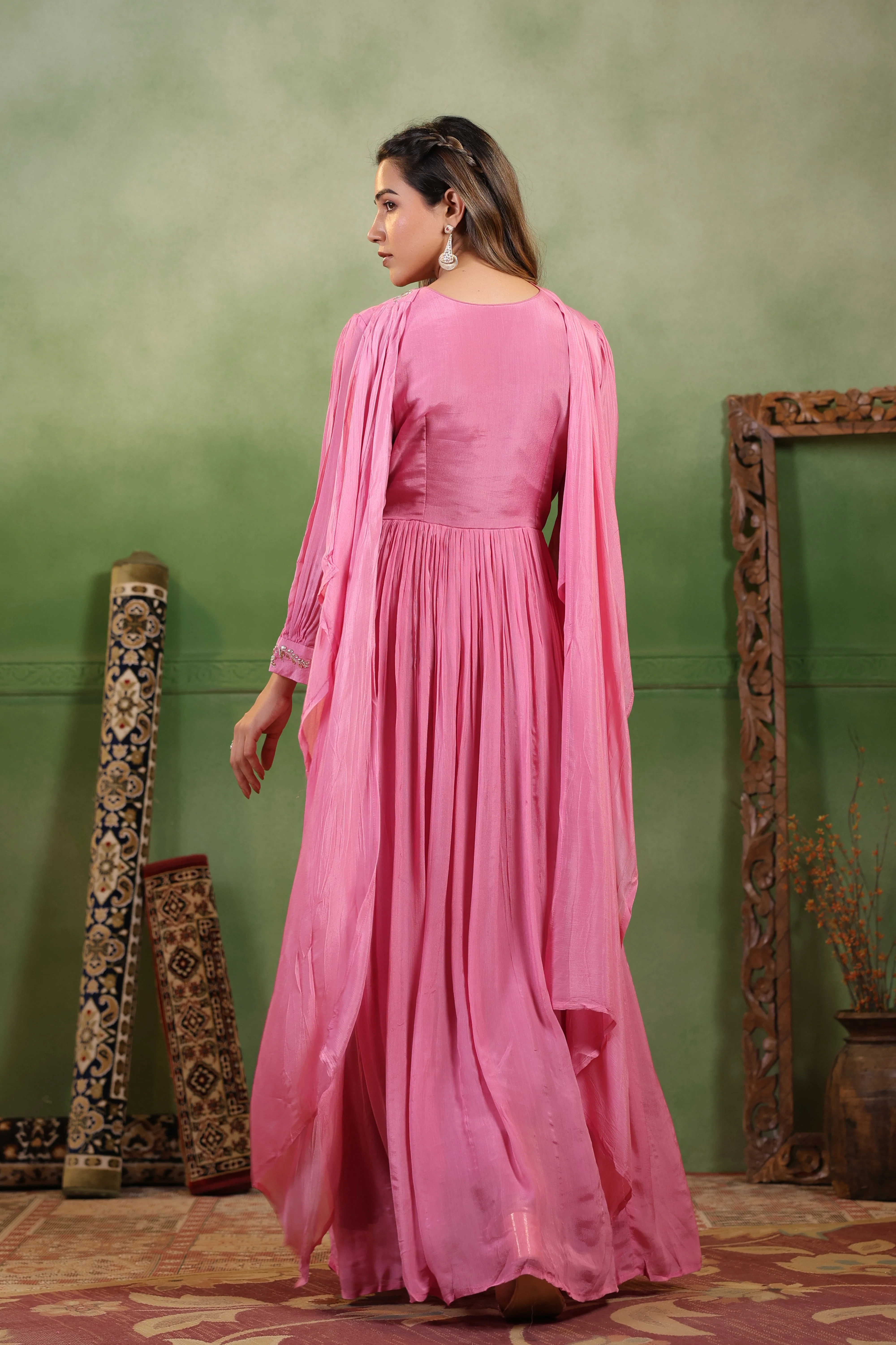 Petal Pink Embellished Chinon Silk Gown Set - Image 6
