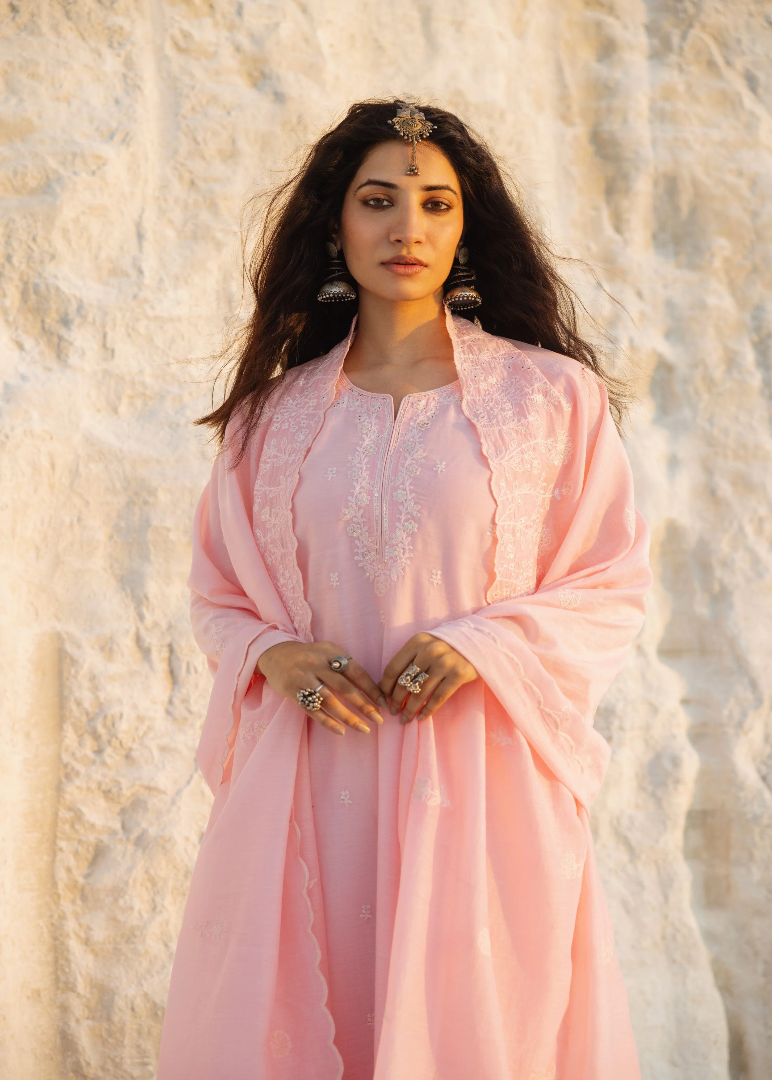 Petal Pink Embroidered Mul-Chanderi Silk Pant Set - Image 2