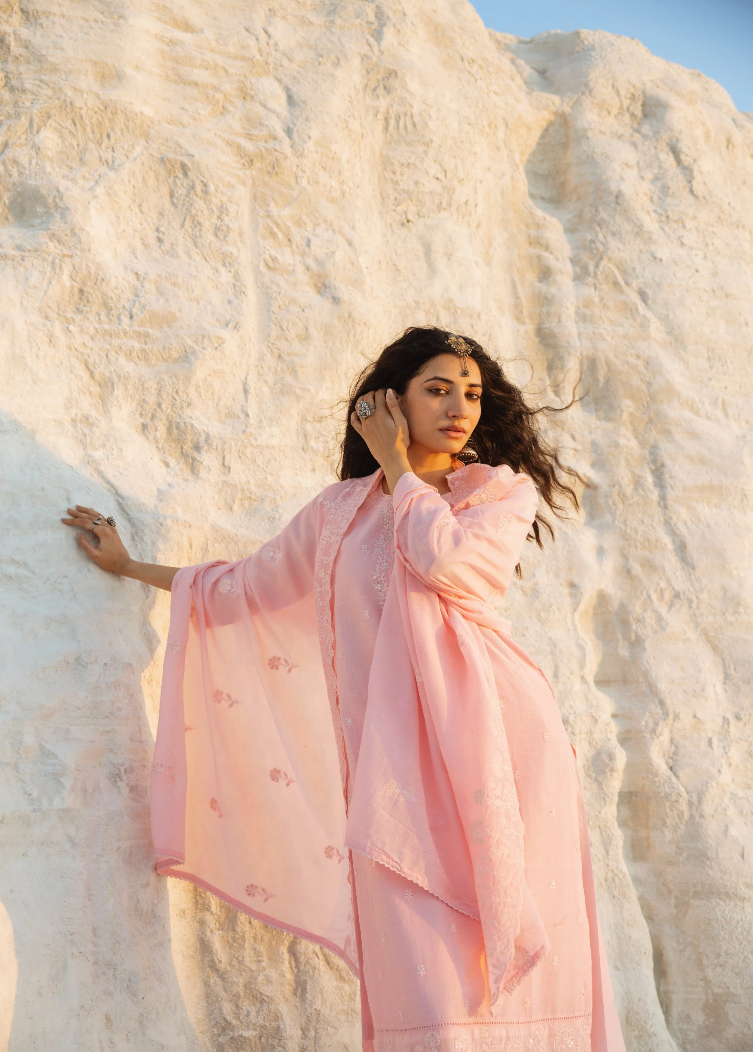 Petal Pink Embroidered Mul-Chanderi Silk Pant Set - Image 3