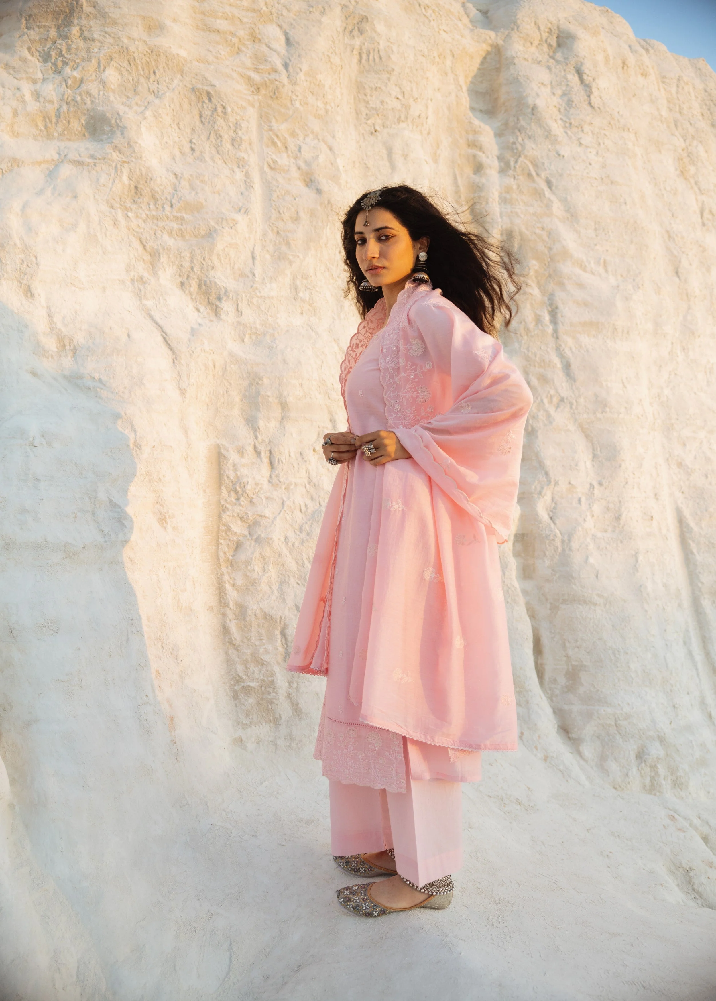 Petal Pink Embroidered Mul-Chanderi Silk Pant Set - Image 4