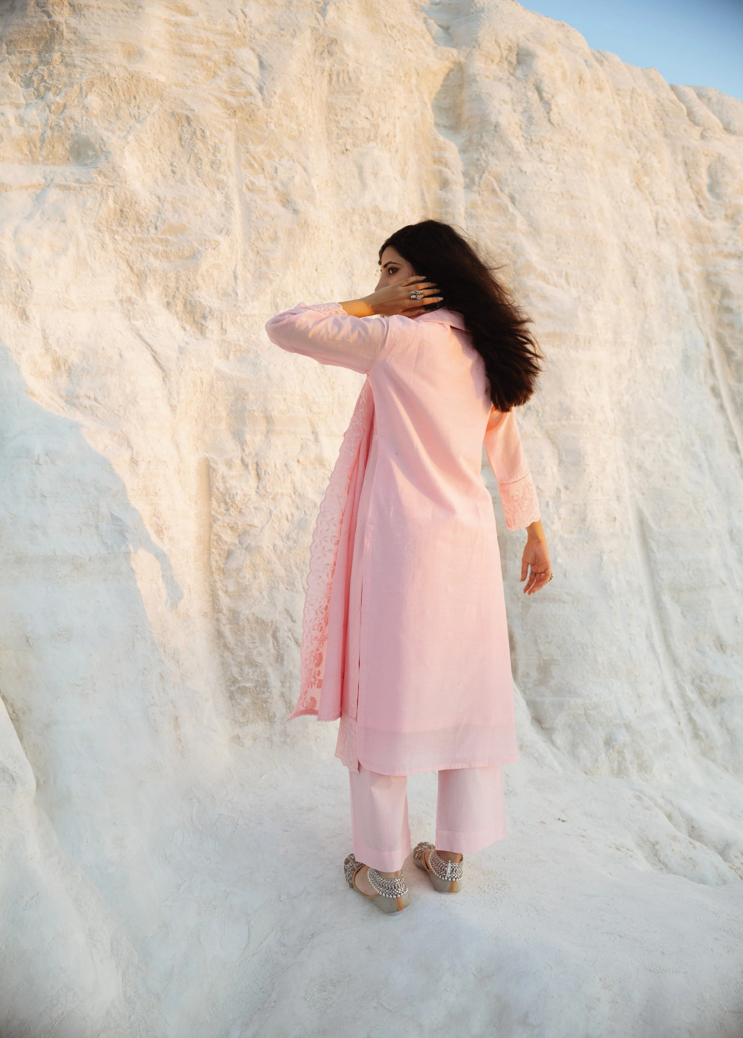 Petal Pink Embroidered Mul-Chanderi Silk Pant Set - Image 5