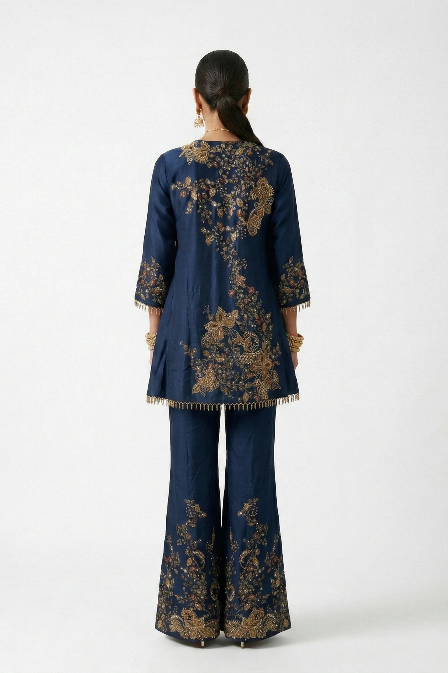 Phthalo Blue Embroidered Dola Silk Palazzo Set - Image 2