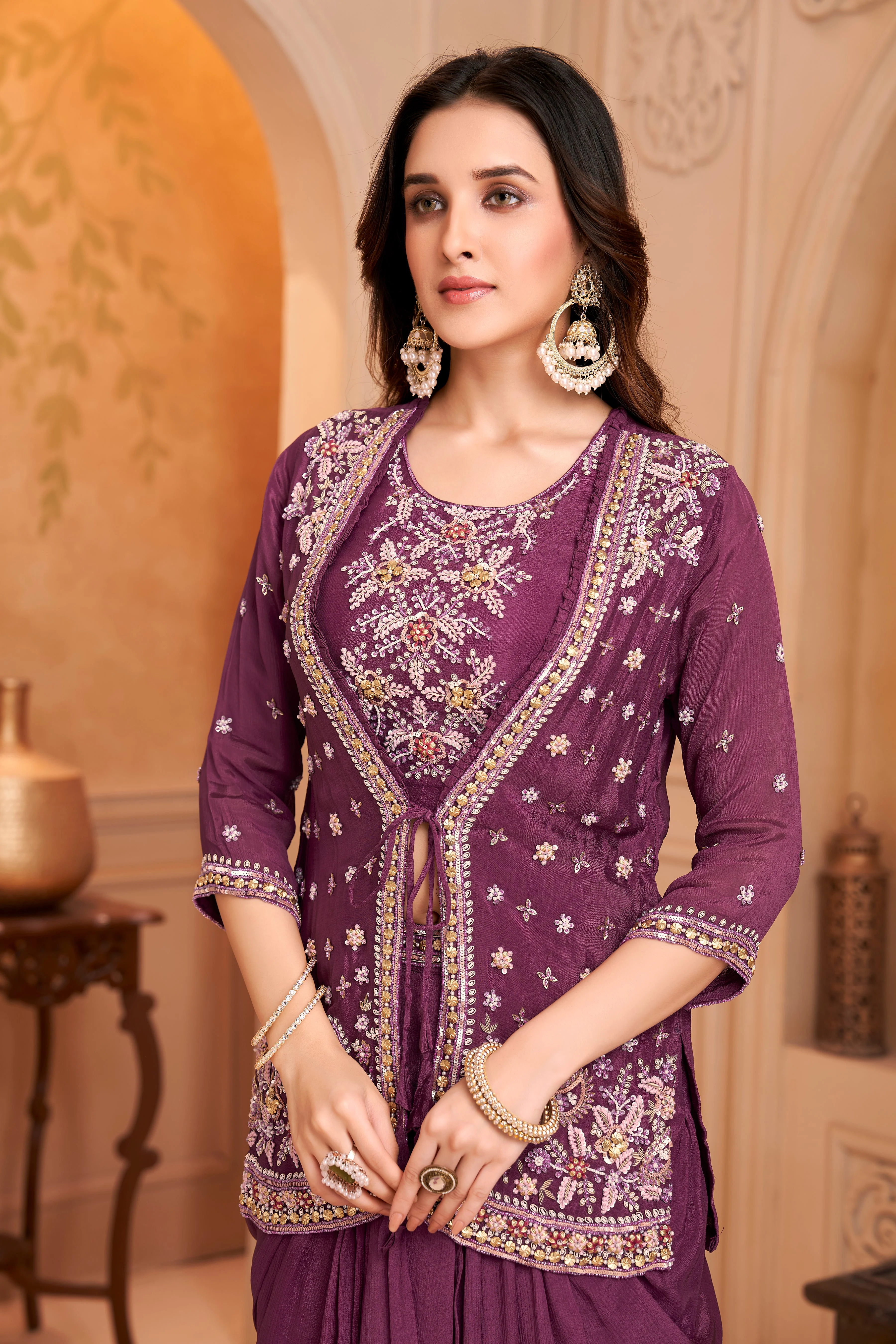 Deep Purple Embellished Chinon Silk Skirt Set - Image 2