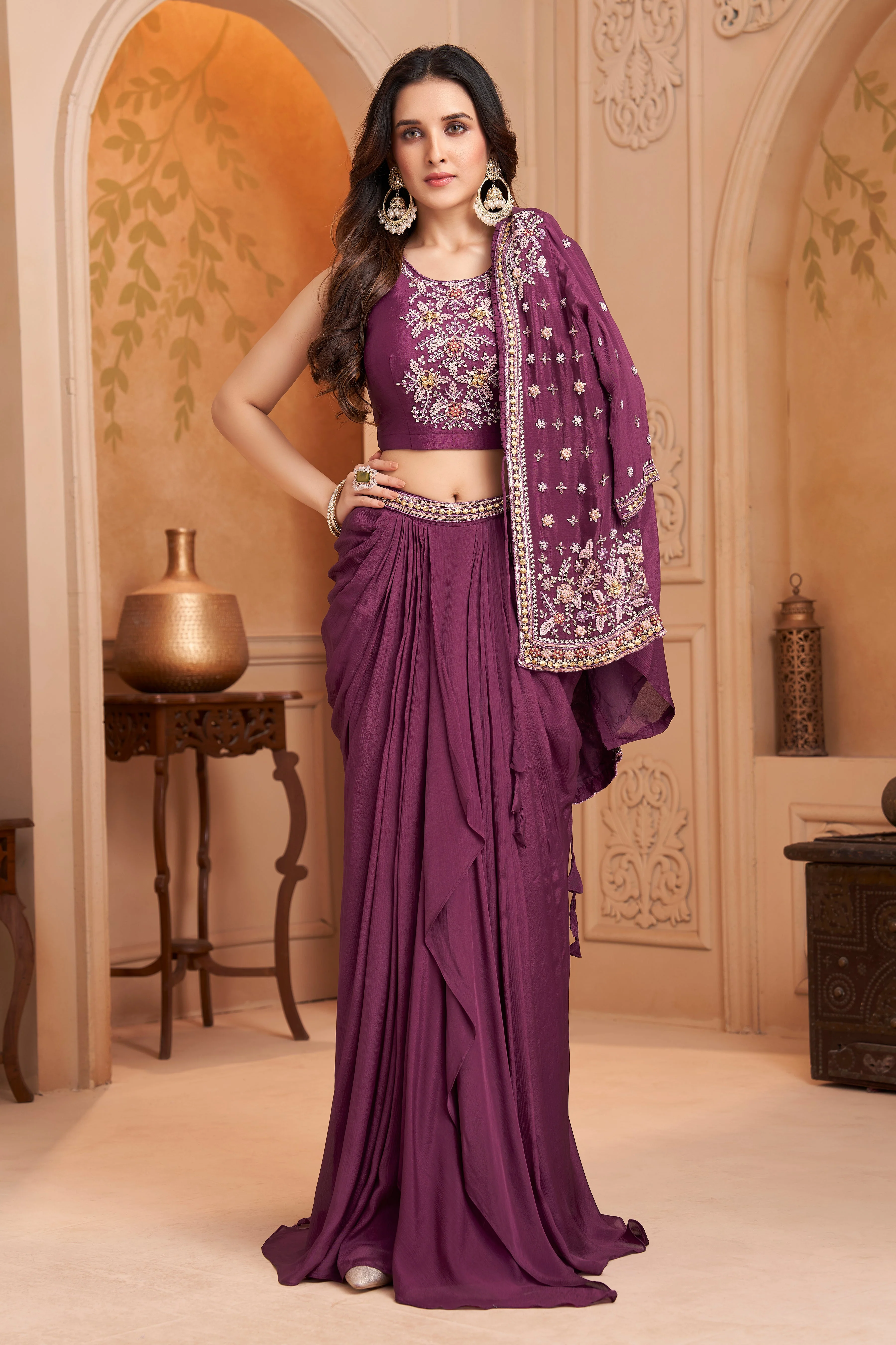Deep Purple Embellished Chinon Silk Skirt Set - Image 3