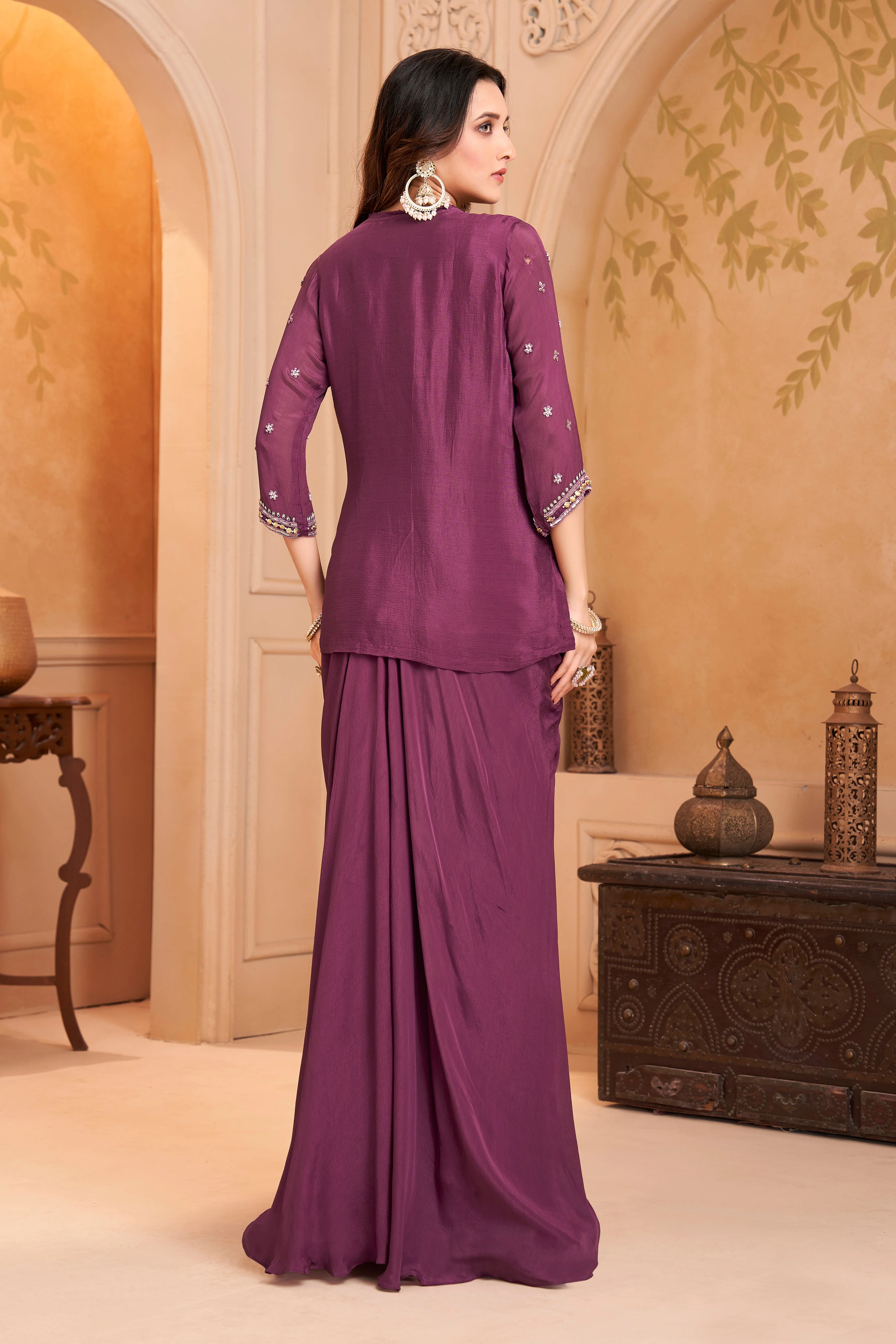 Deep Purple Embellished Chinon Silk Skirt Set - Image 4