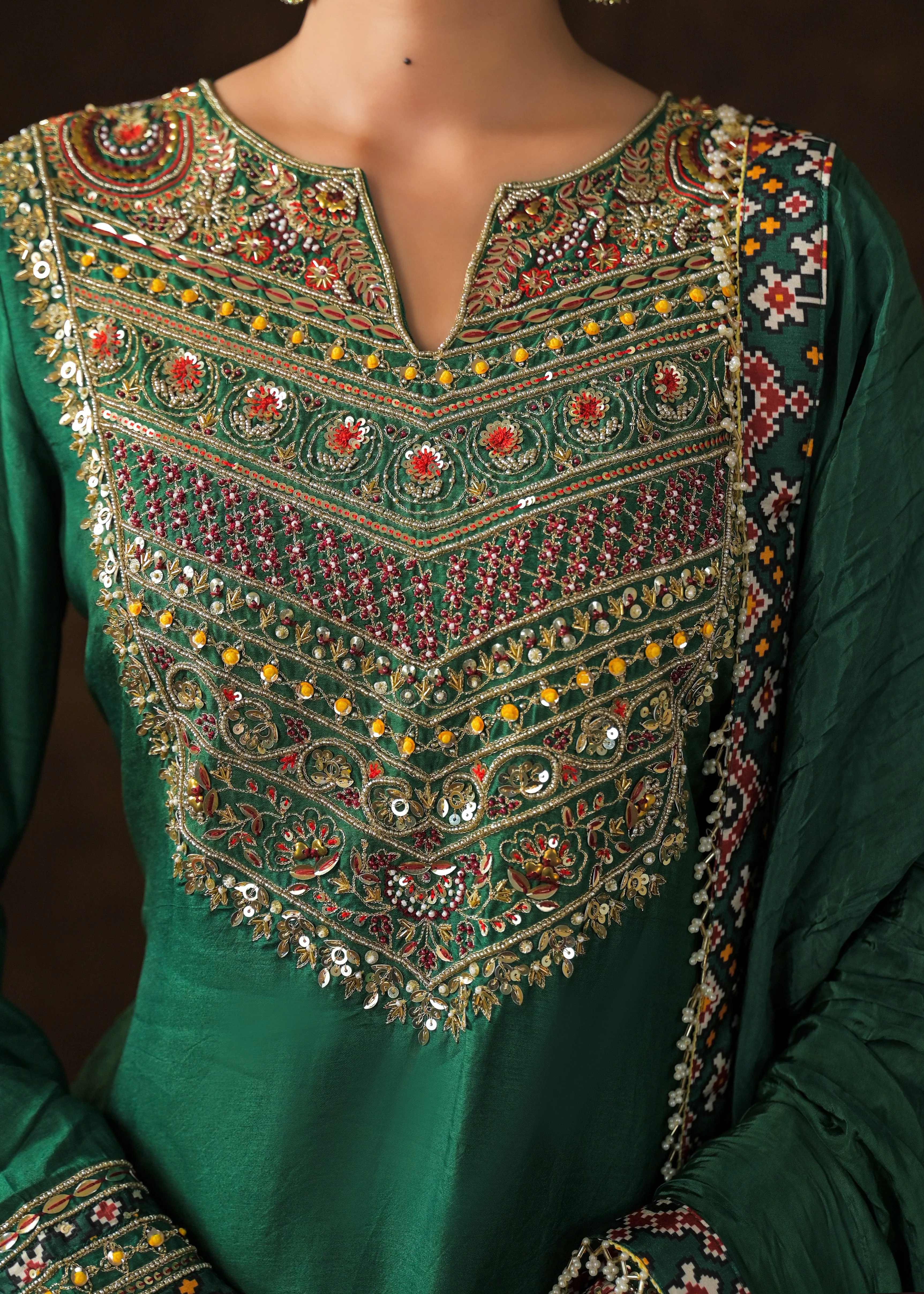 Emerald Green Embellished Raw Silk Palazzo Set - Image 2