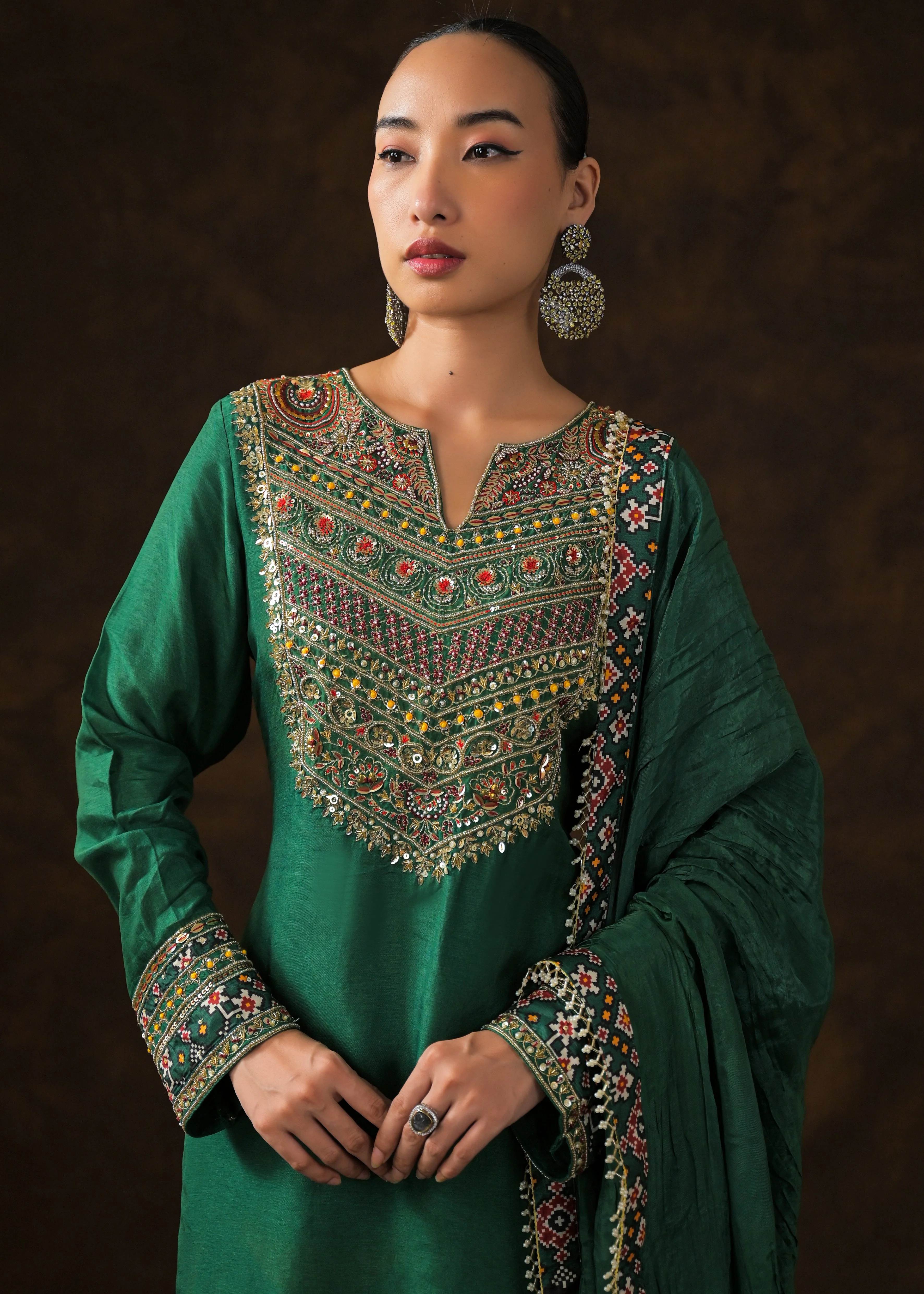 Emerald Green Embellished Raw Silk Palazzo Set - Image 4