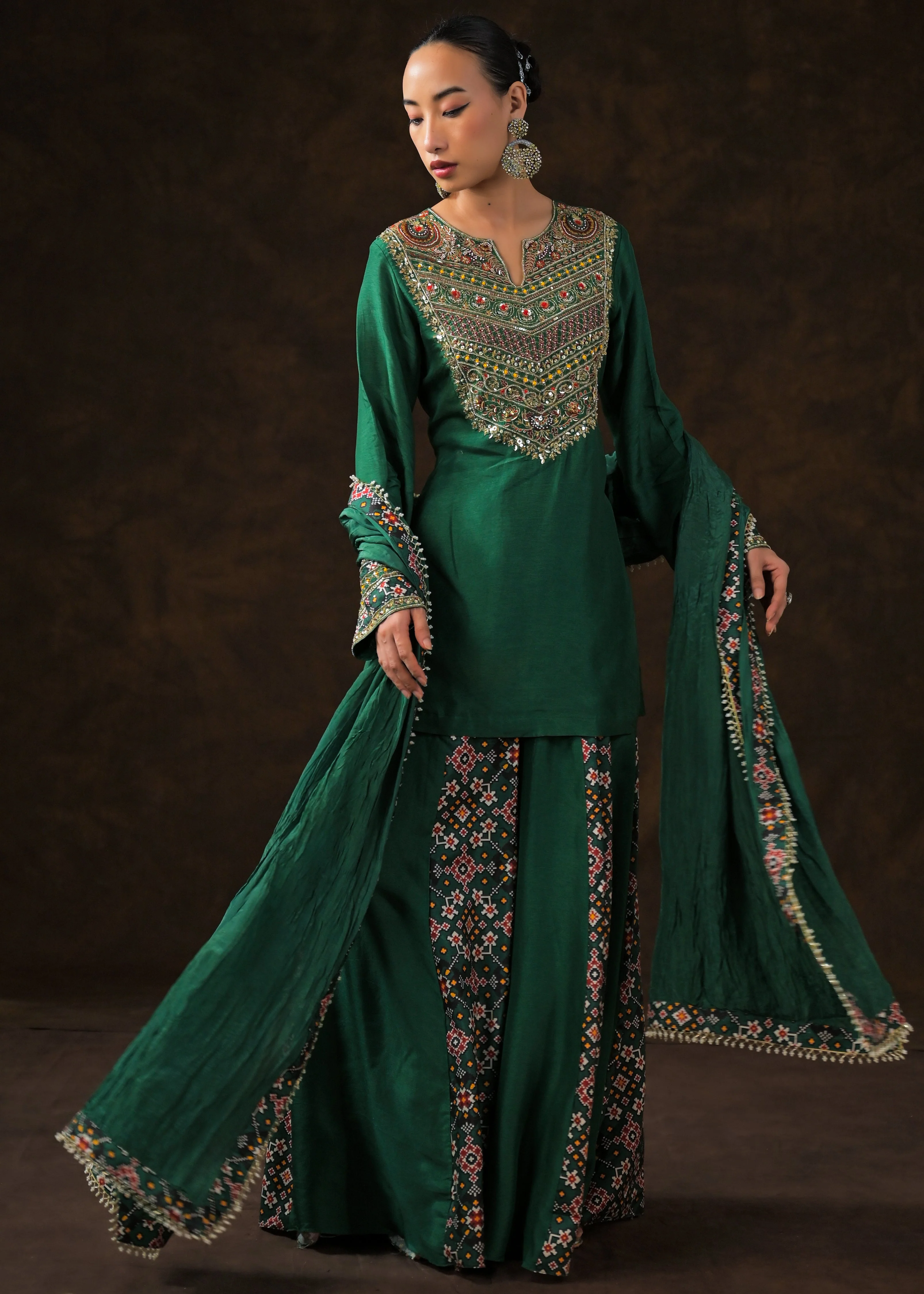 Emerald Green Embellished Raw Silk Palazzo Set - Image 5