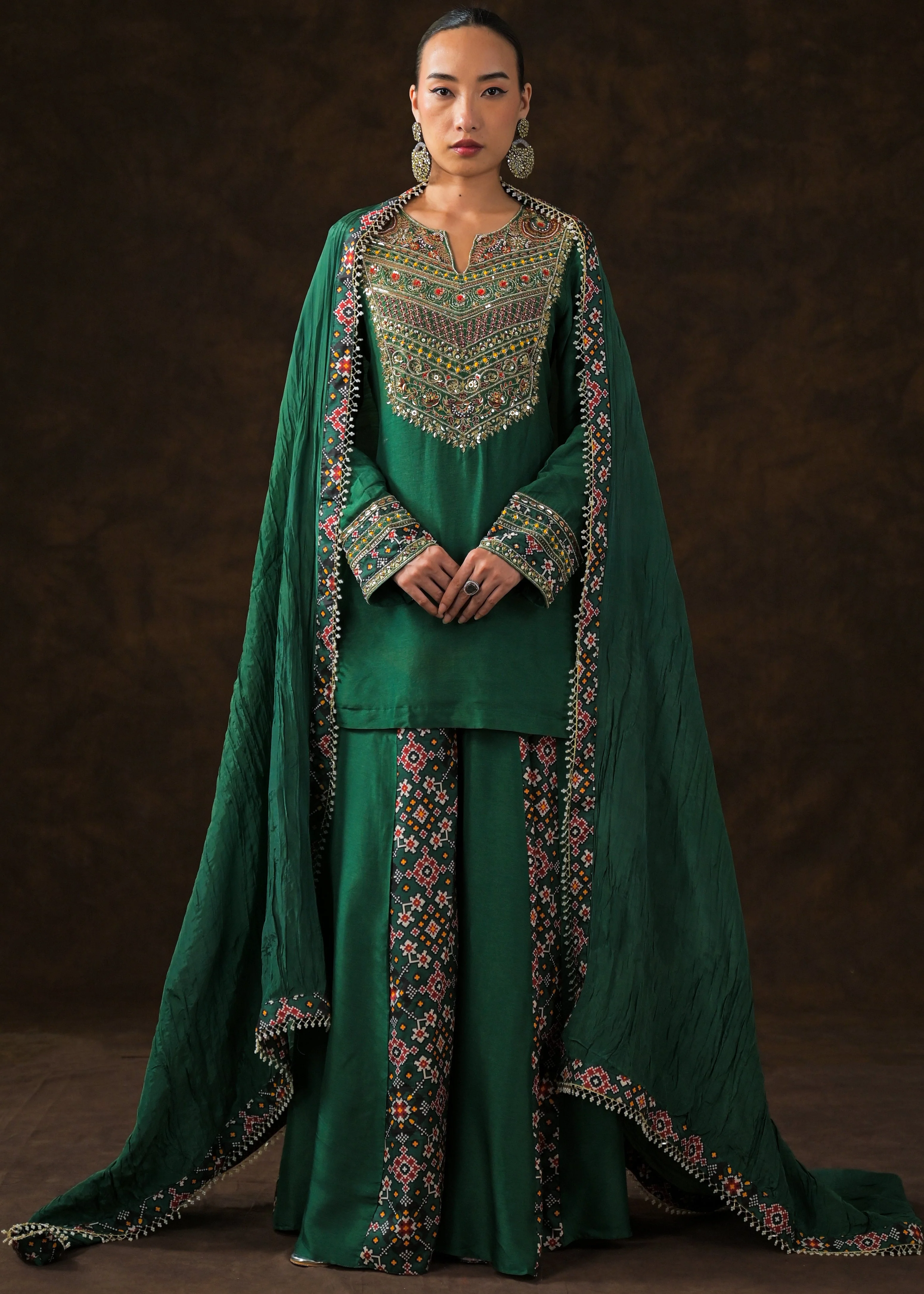 Emerald Green Embellished Raw Silk Palazzo Set - Image 6