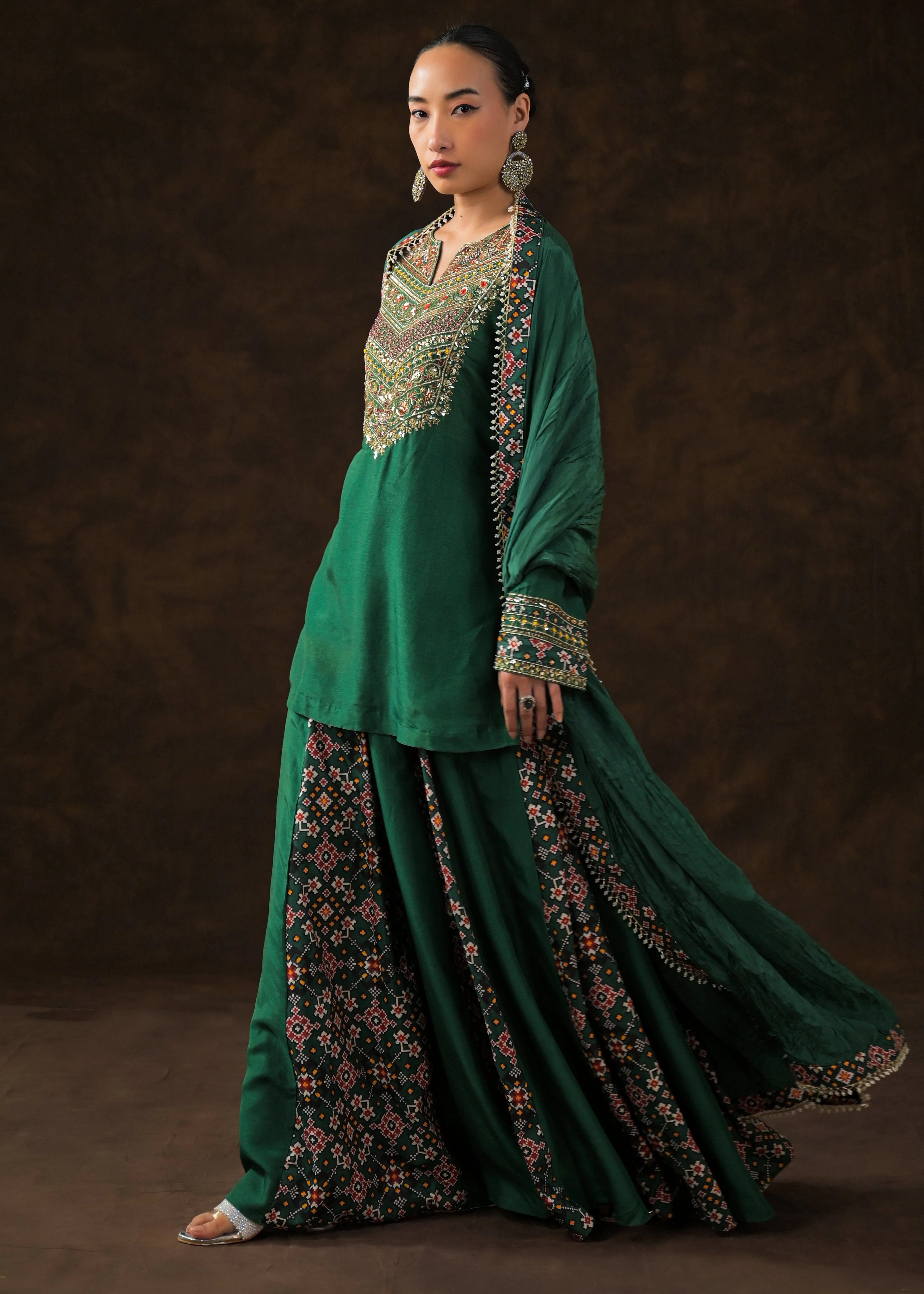Emerald Green Embellished Raw Silk Palazzo Set - Image 7
