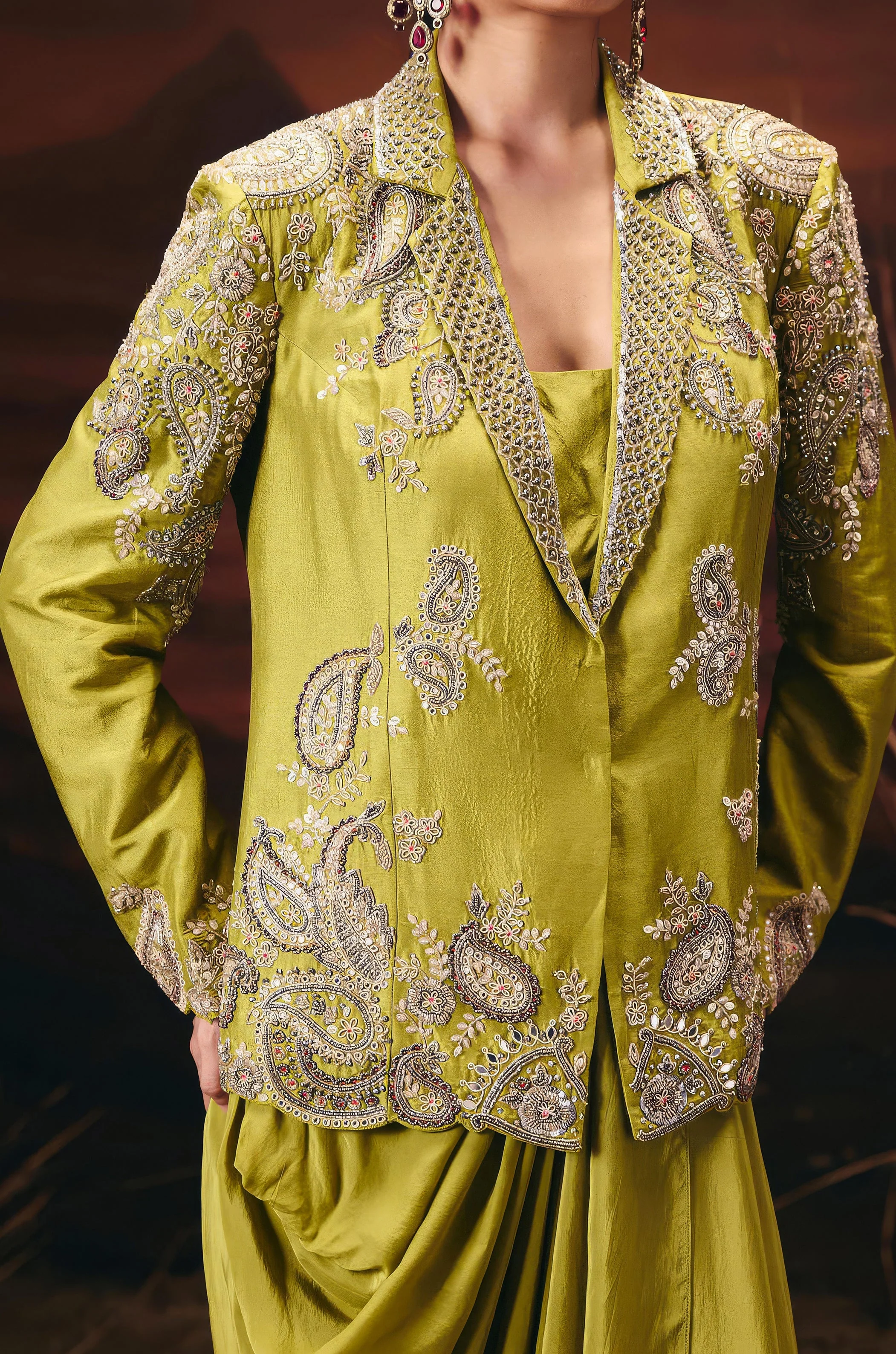 Moss Green Embellished Raw Silk Skirt Set - Image 2