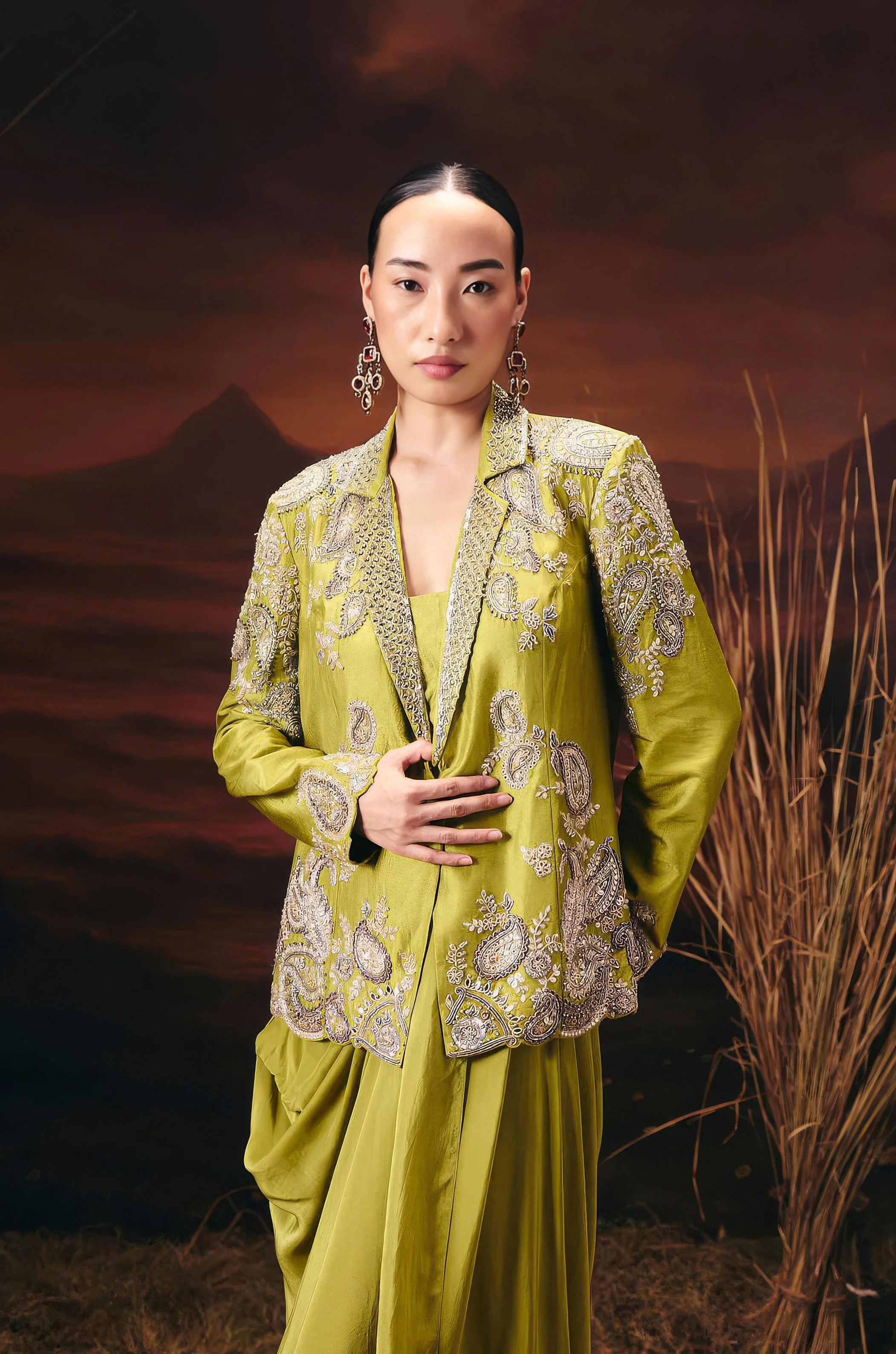 Moss Green Embellished Raw Silk Skirt Set - Image 3
