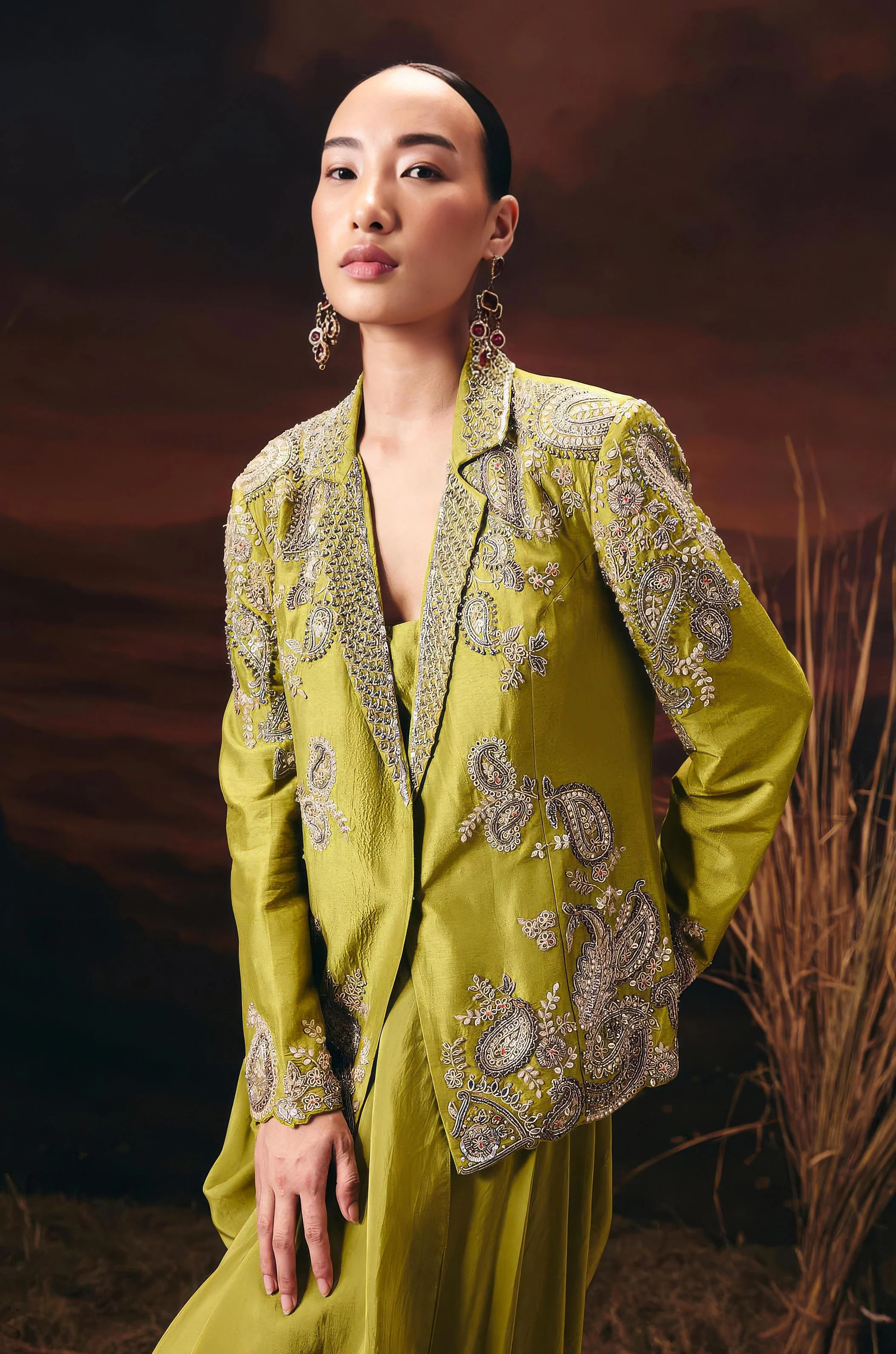 Moss Green Embellished Raw Silk Skirt Set - Image 4