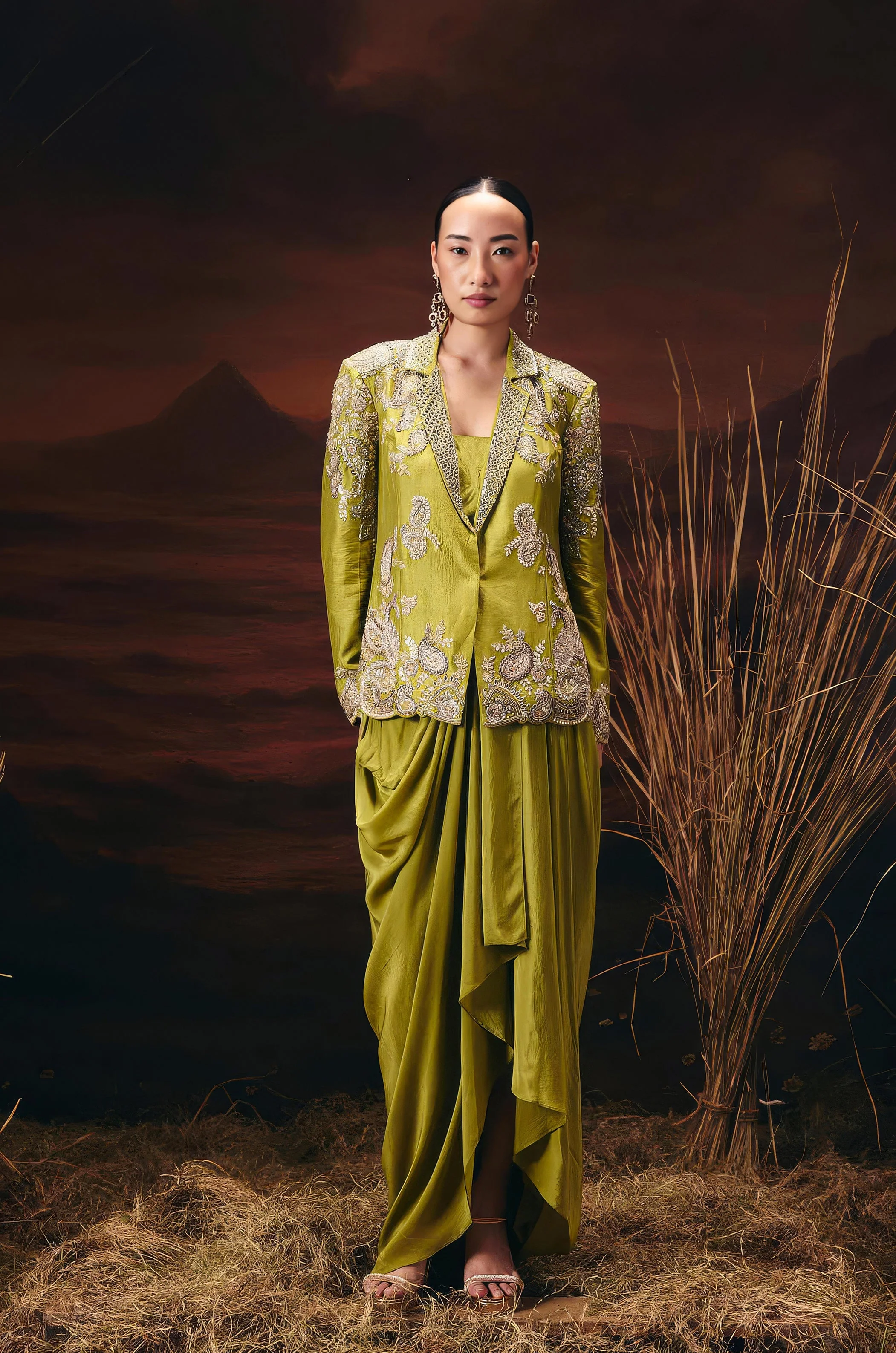 Moss Green Embellished Raw Silk Skirt Set - Image 5