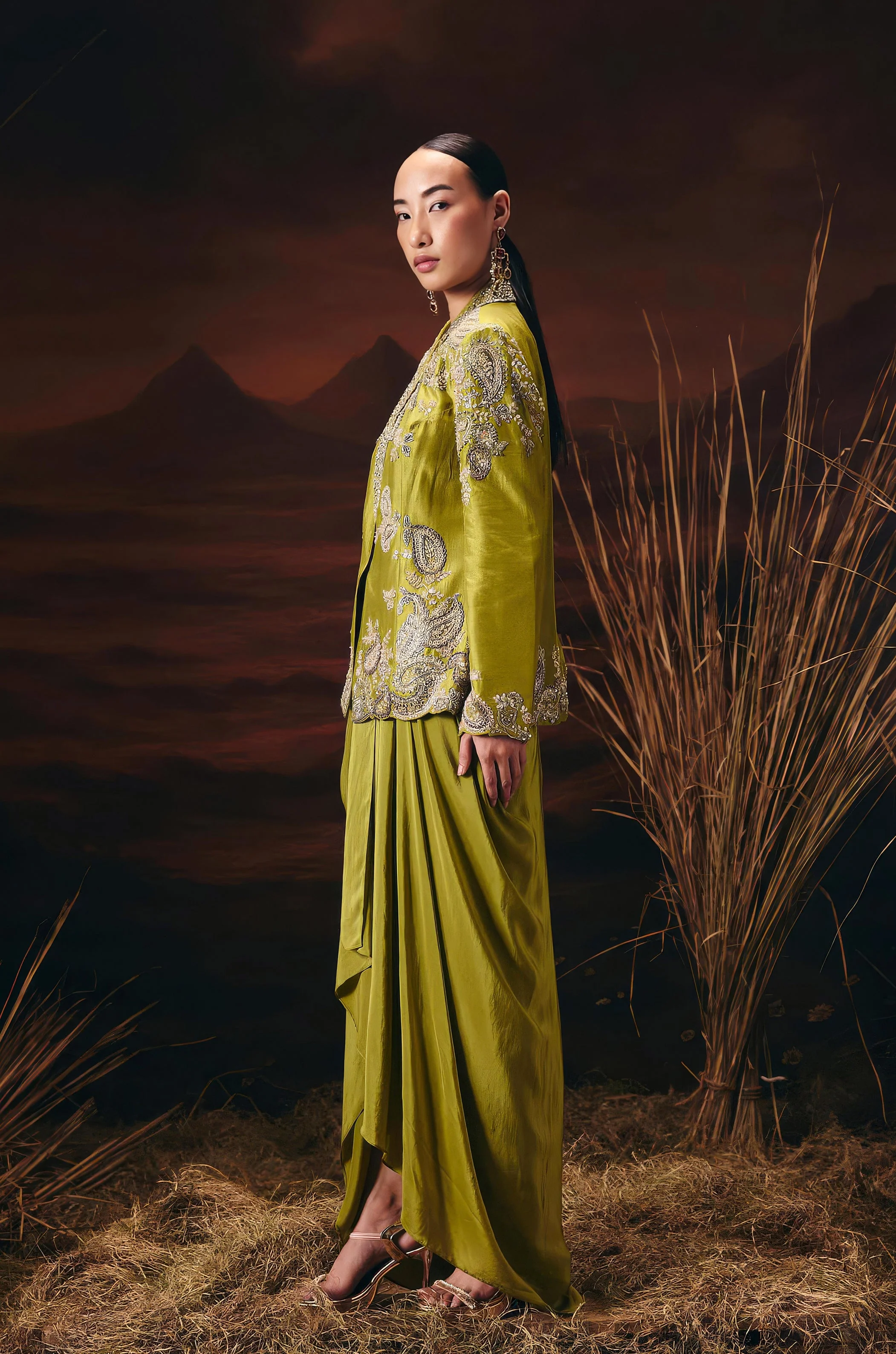 Moss Green Embellished Raw Silk Skirt Set - Image 6
