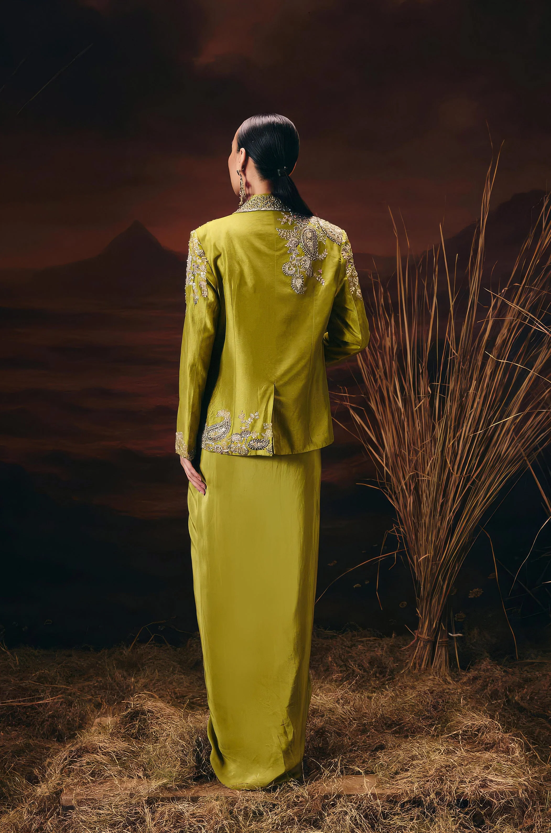 Moss Green Embellished Raw Silk Skirt Set - Image 7