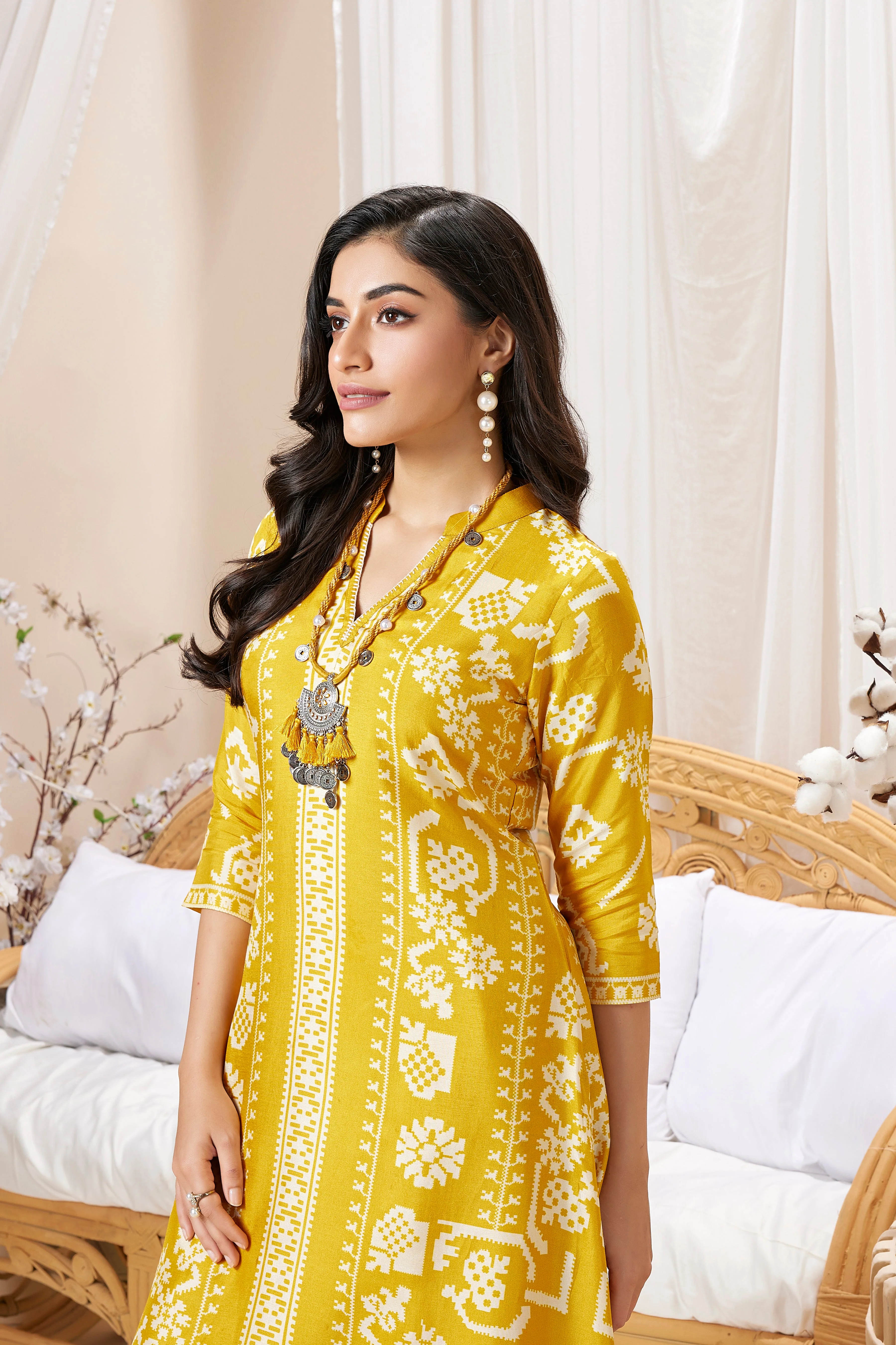 Mustard Yellow Printed Muslin Silk Kurta Set - Image 2