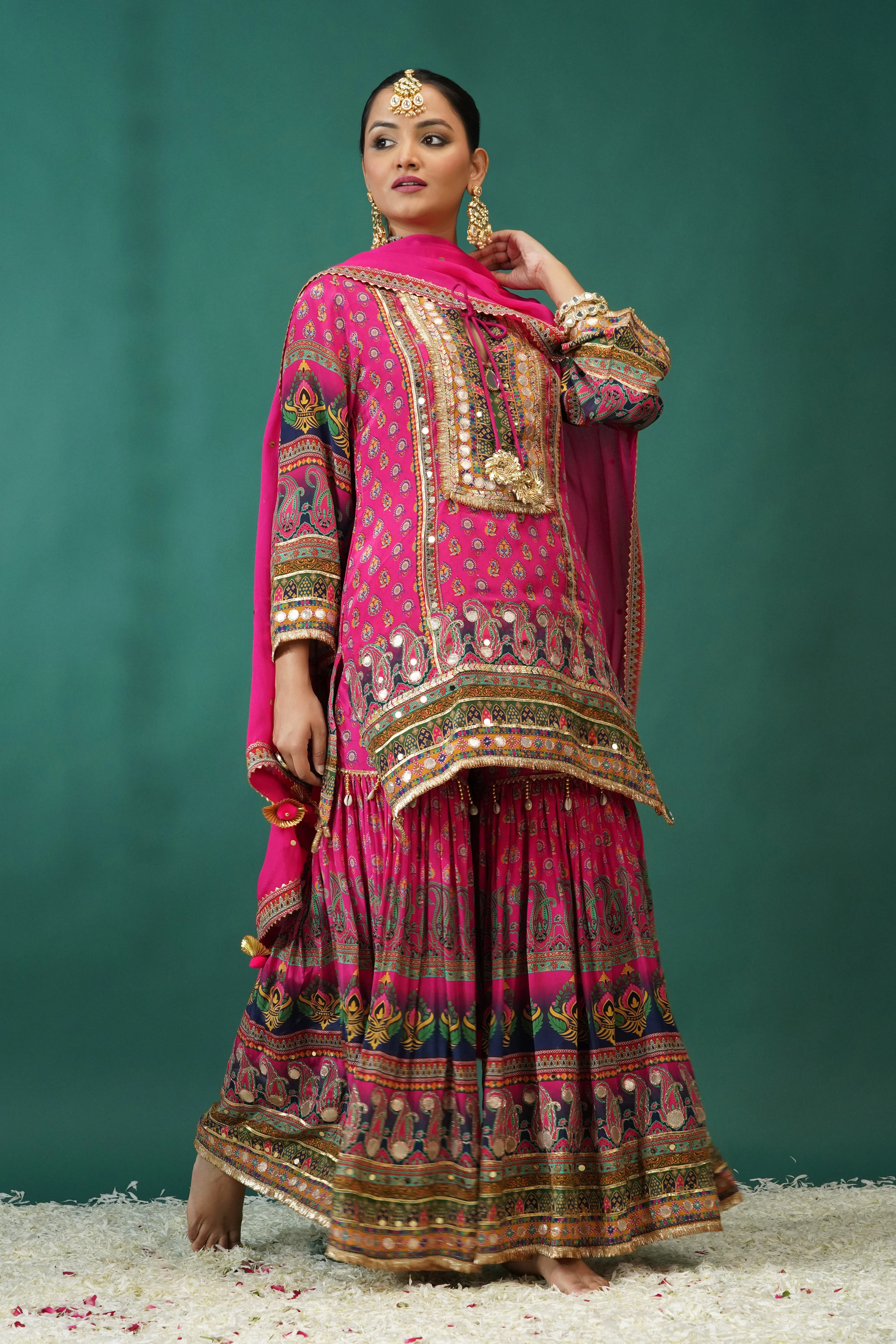 Festive Pink Ethnic Printed Crepe Silk Sharara Set - Image 3