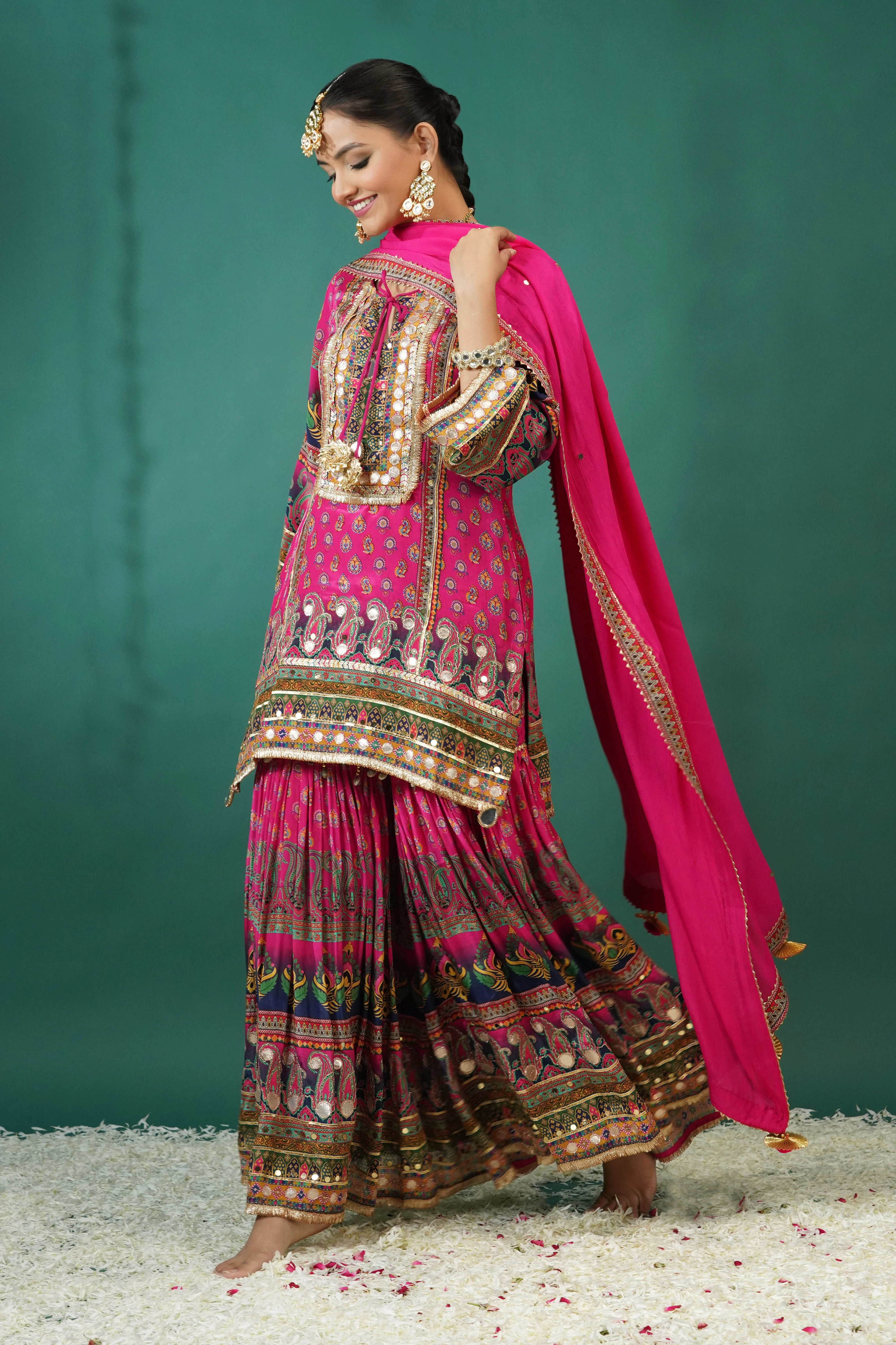 Festive Pink Ethnic Printed Crepe Silk Sharara Set - Image 4