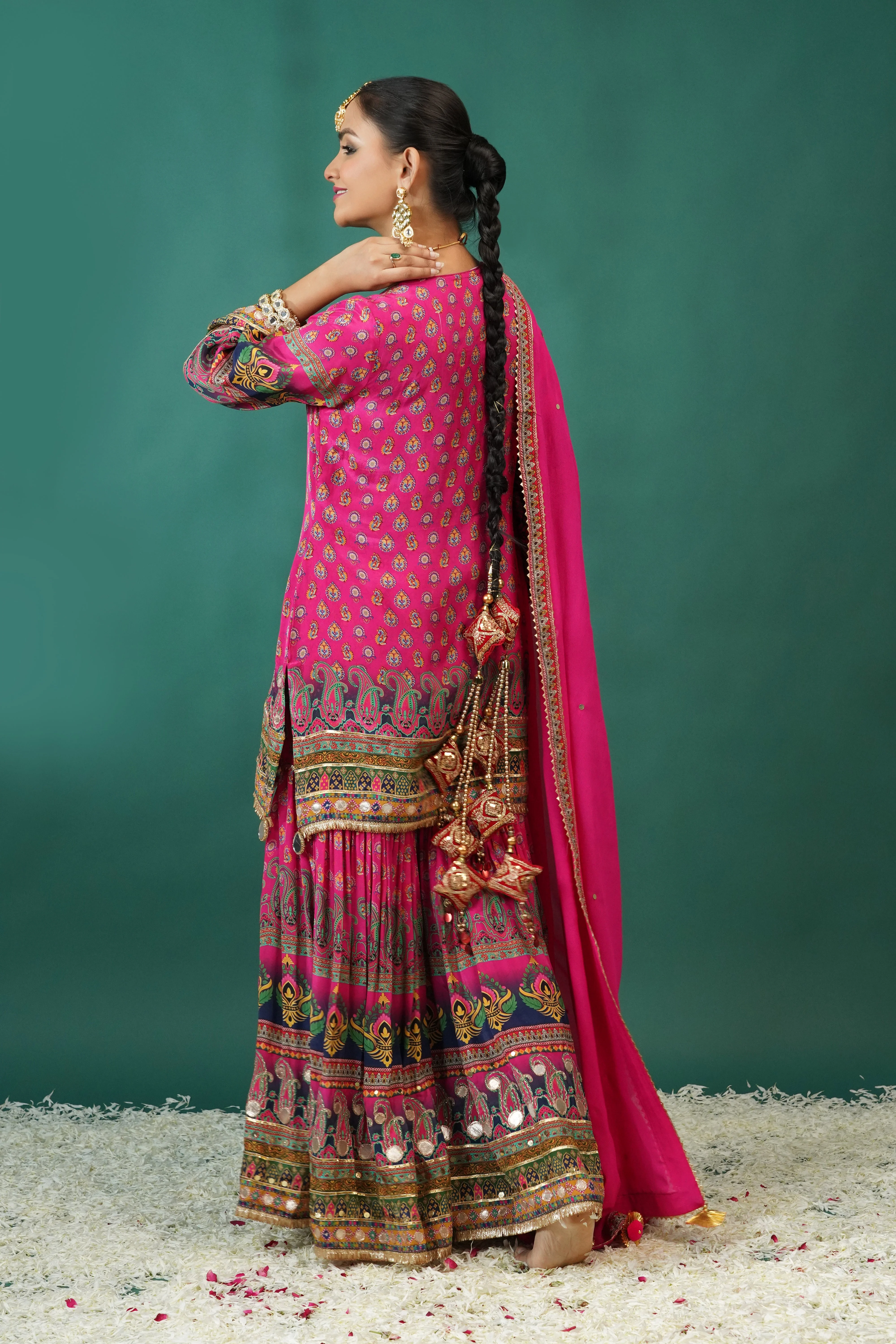 Festive Pink Ethnic Printed Crepe Silk Sharara Set - Image 5