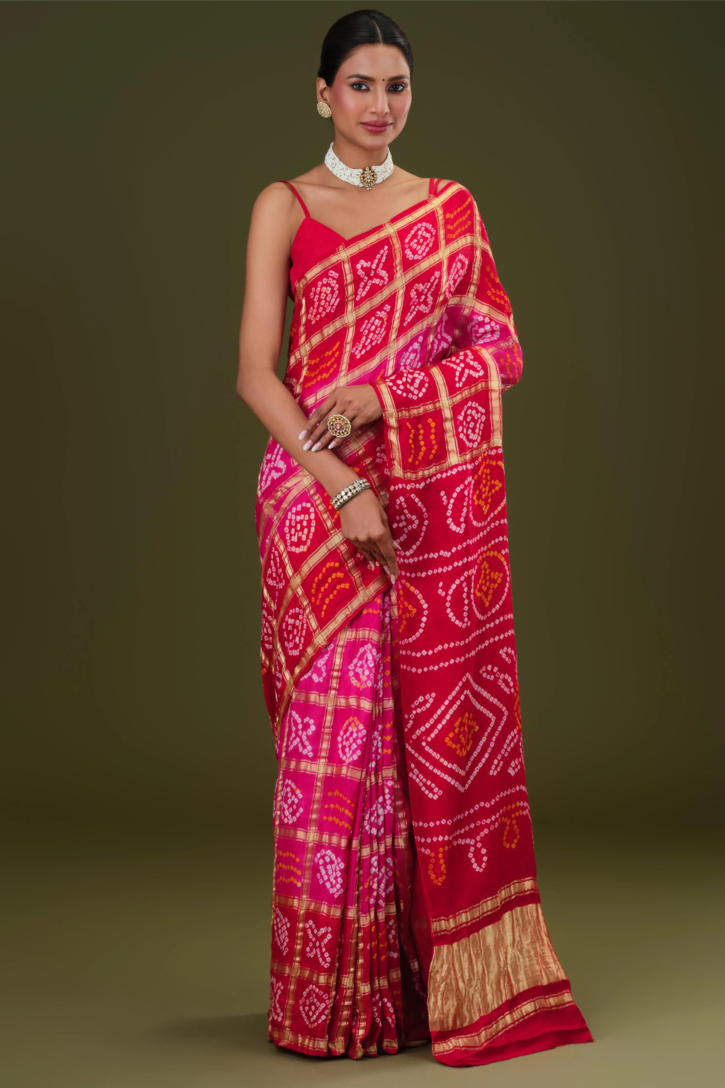 Pink Bandhani Pure Gazzi Silk Saree - Image 2