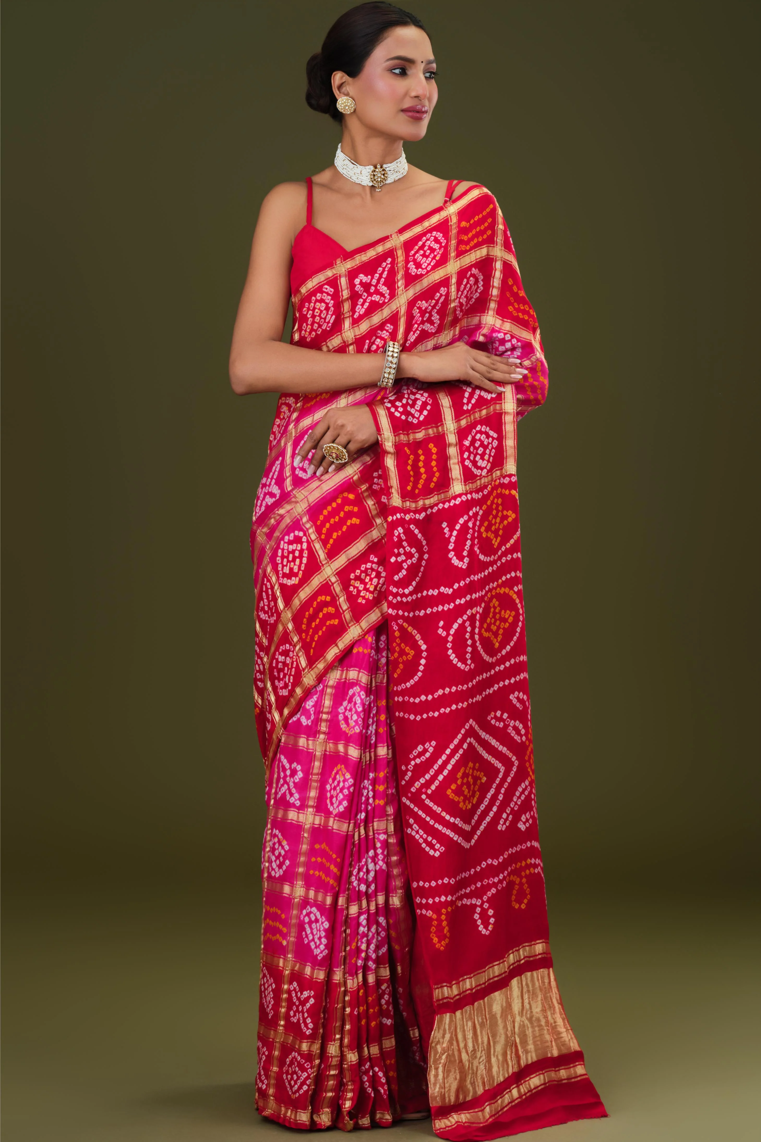 Pink Bandhani Pure Gazzi Silk Saree - Image 3