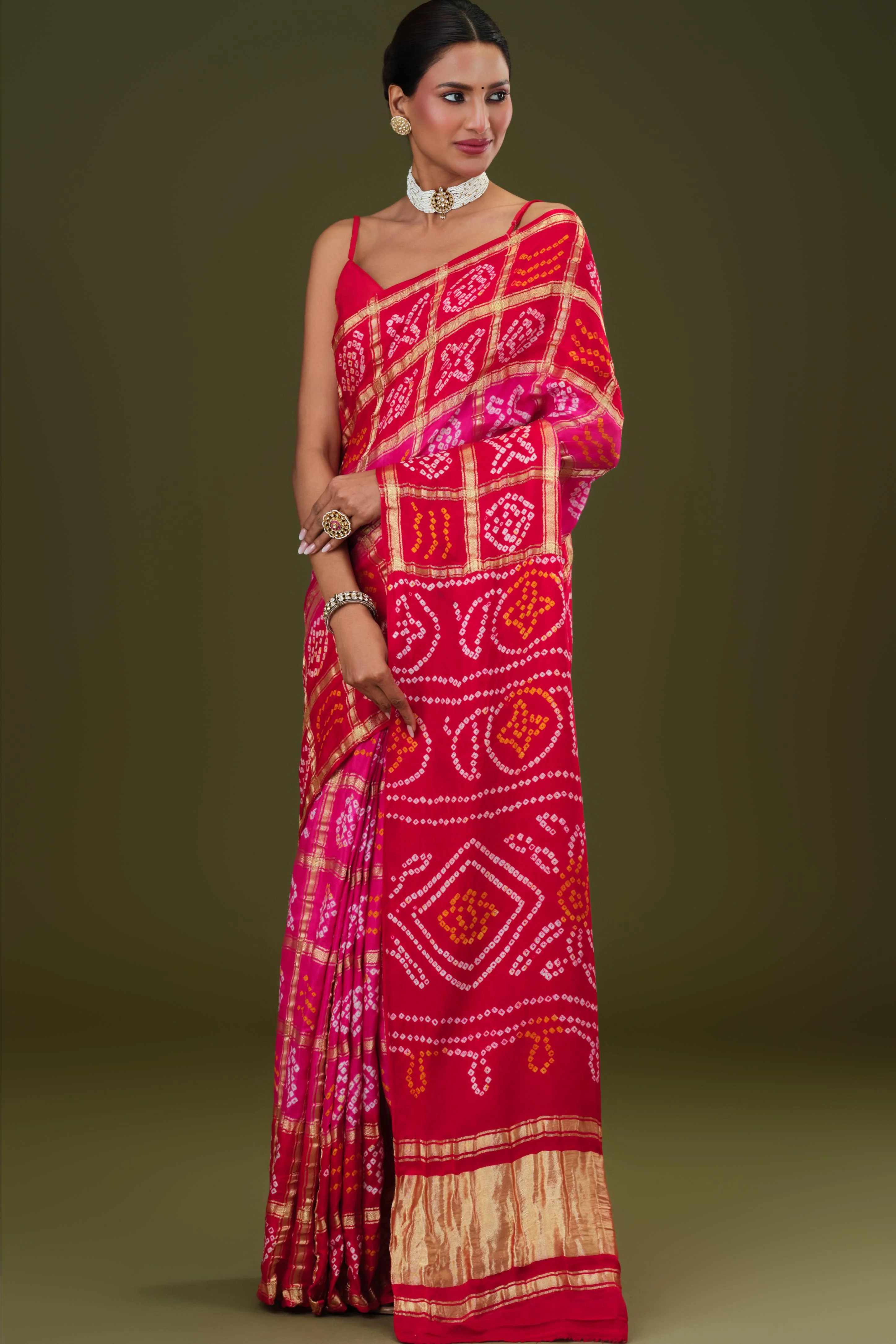 Pink Bandhani Pure Gazzi Silk Saree - Image 4