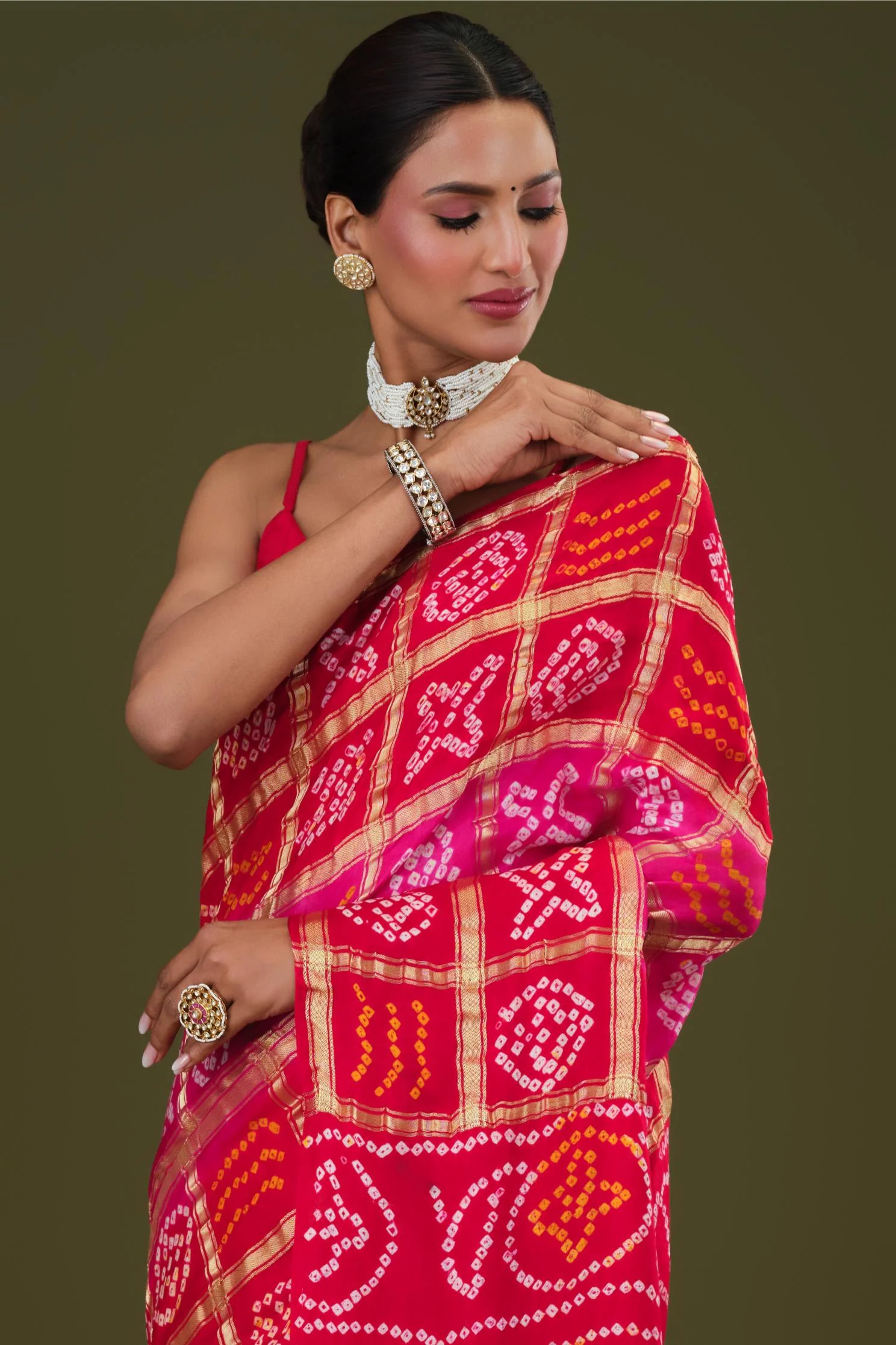 Pink Bandhani Pure Gazzi Silk Saree - Image 5