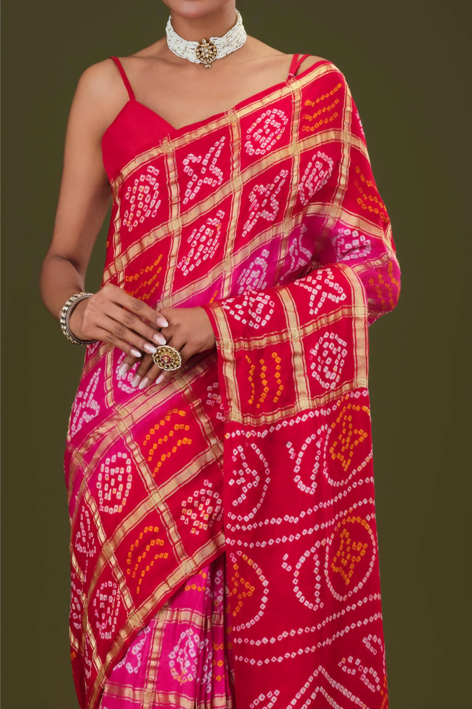 Pink Bandhani Pure Gazzi Silk Saree - Image 6