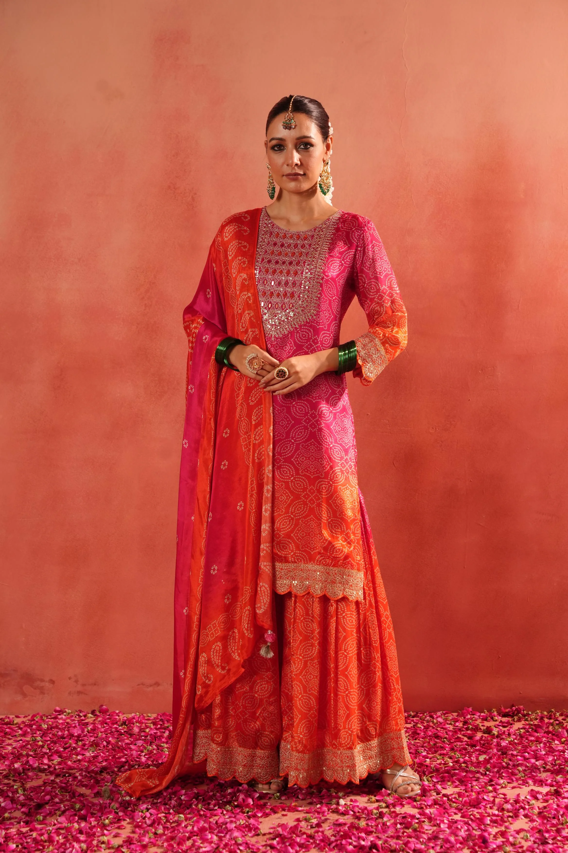 Pink Bandhej Ombre Dyed German Silk Sharara Set