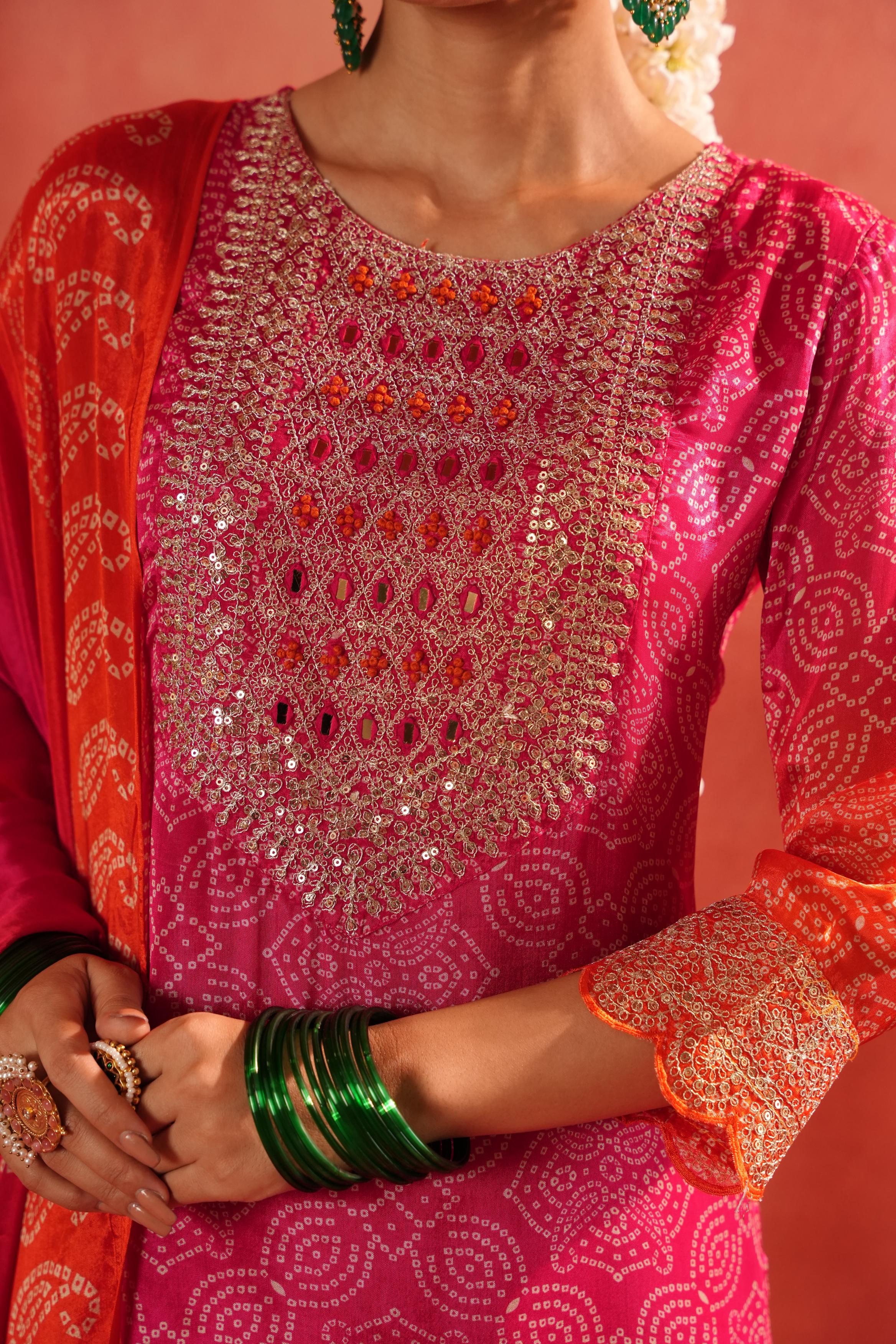 Pink Bandhej Ombre Dyed German Silk Sharara Set - Image 2