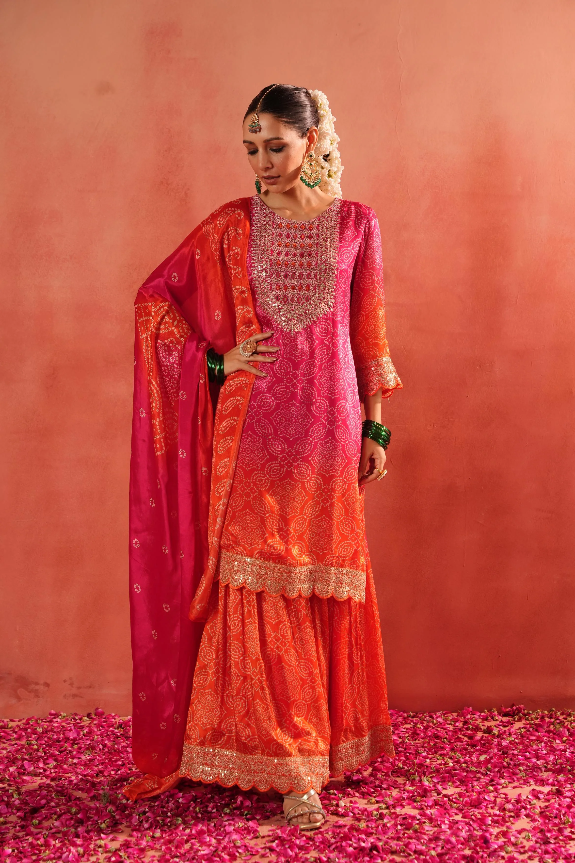 Pink Bandhej Ombre Dyed German Silk Sharara Set - Image 3
