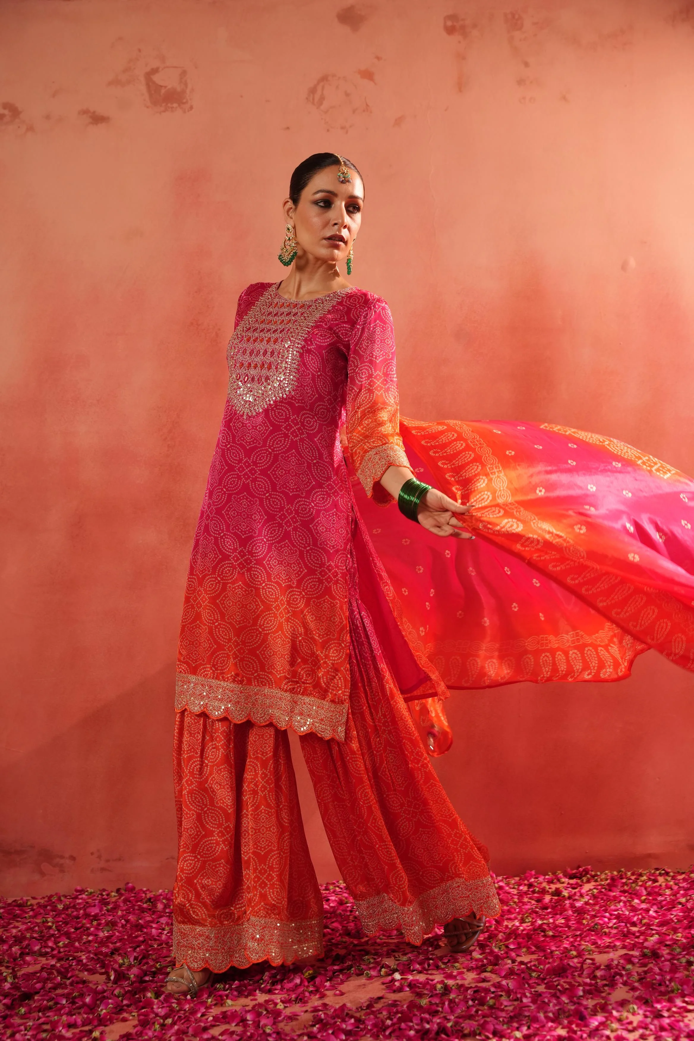 Pink Bandhej Ombre Dyed German Silk Sharara Set - Image 4